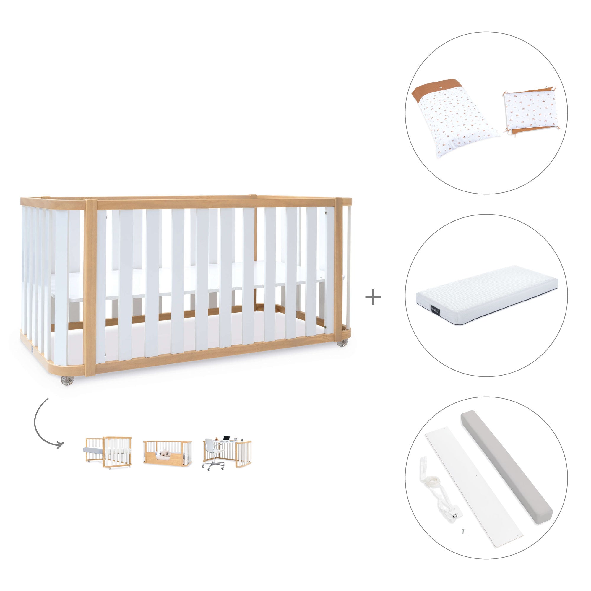 Cuna-cama-escritorio 70x140 cm (3en1) madera/blanco · Crea Plus Due C350-M5011