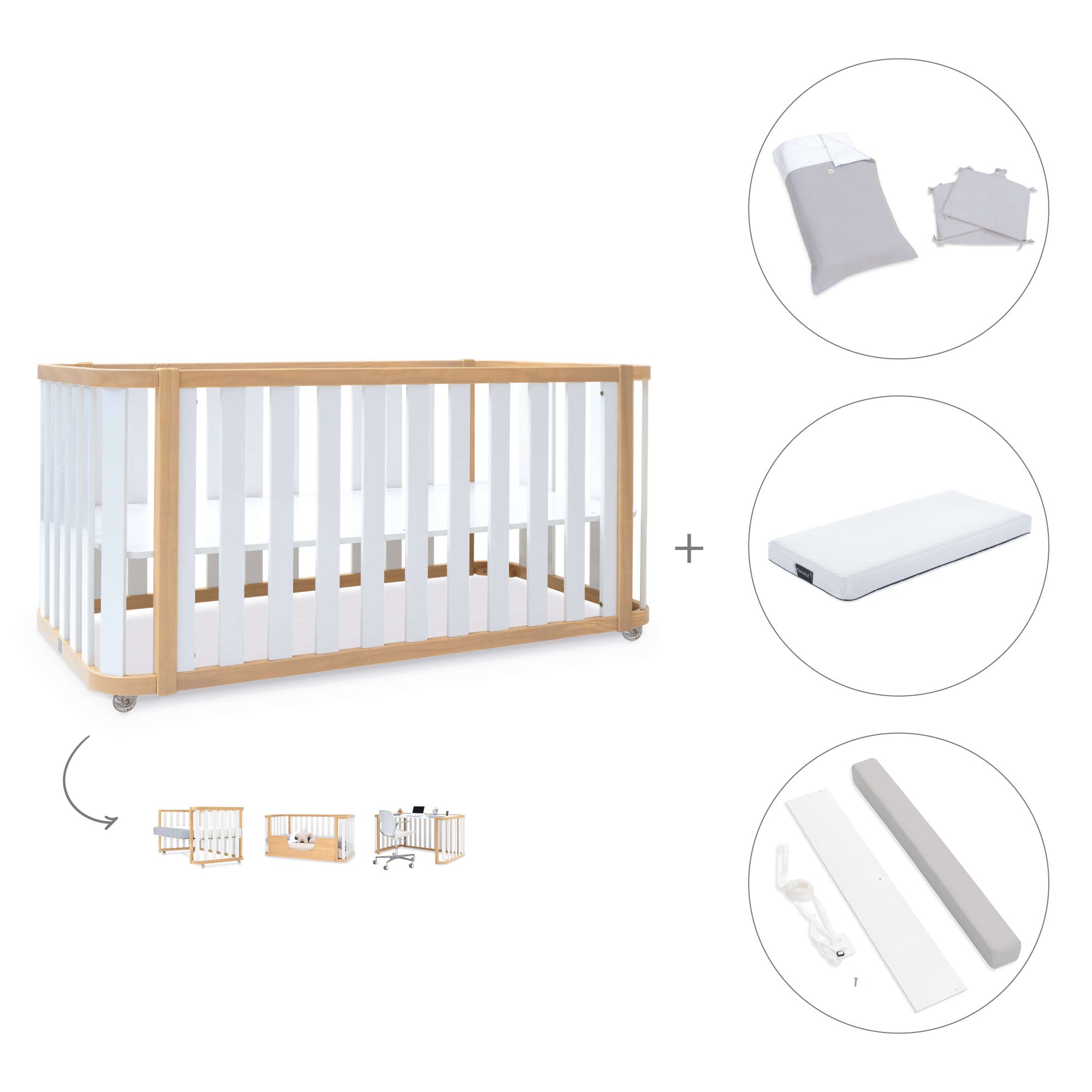 Cuna-cama-escritorio 70x140 cm (3en1) madera/blanco · Crea Plus Due C350-M5011