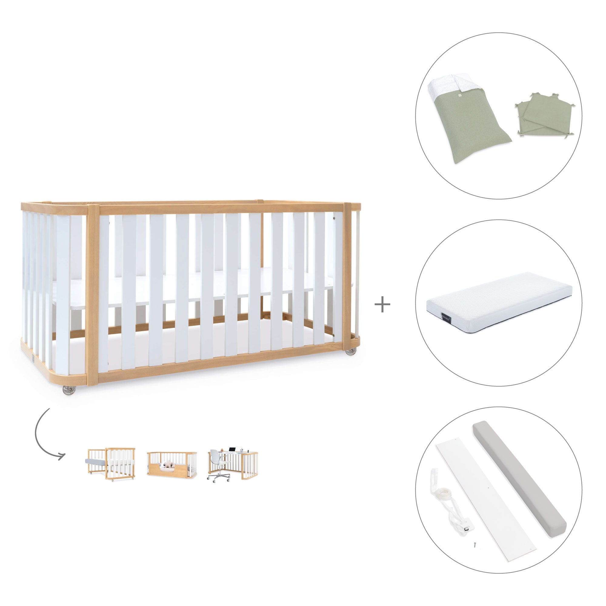 Cuna-cama-escritorio 70x140 cm (3en1) madera/blanco · Crea Plus Due C350-M5011