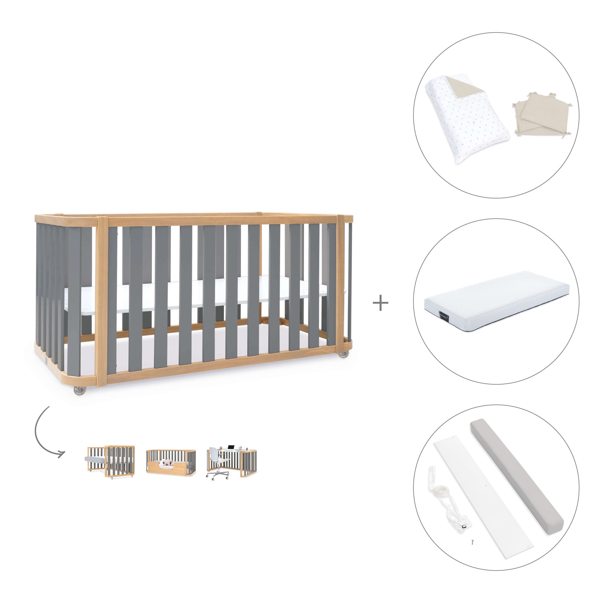 Cuna-cama-escritorio 70x140 cm (3en1) madera/gris · Crea Plus Due C350-M5058