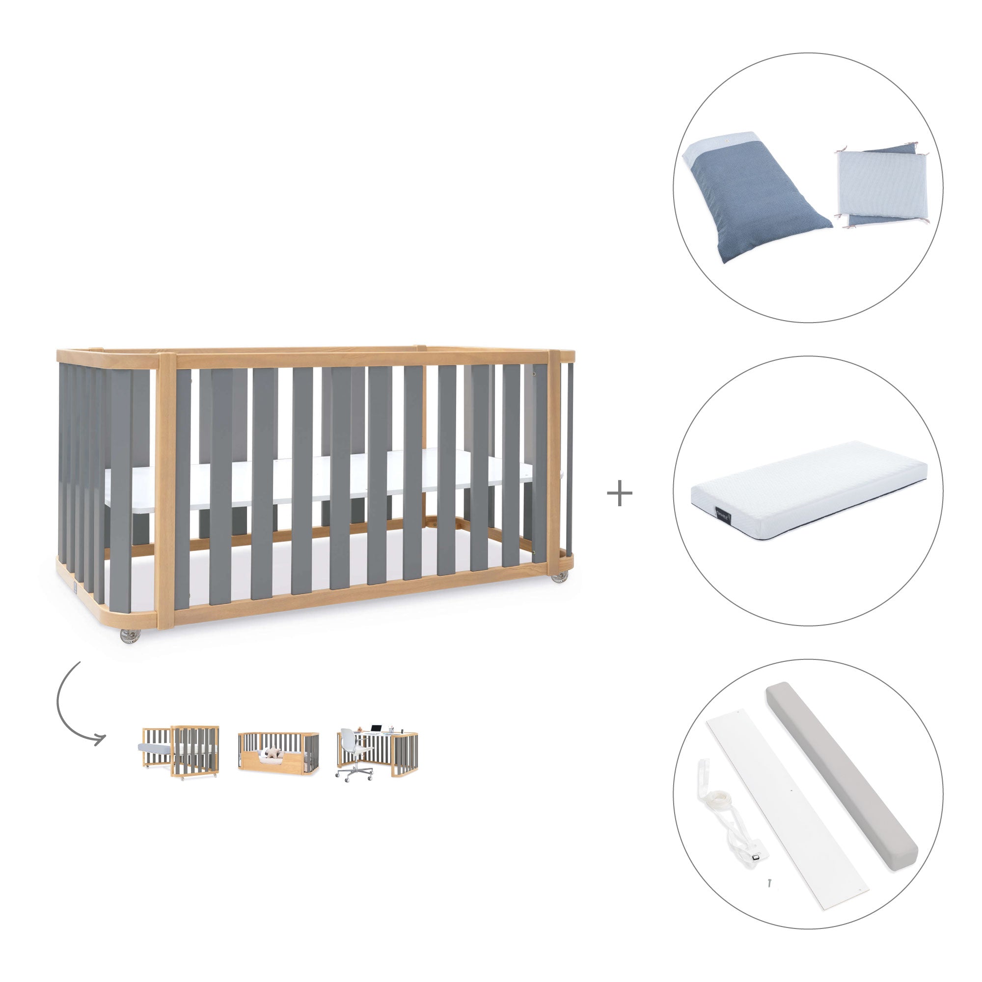Cuna-cama-escritorio 70x140 cm (3en1) madera/gris · Crea Plus Due C350-M5058