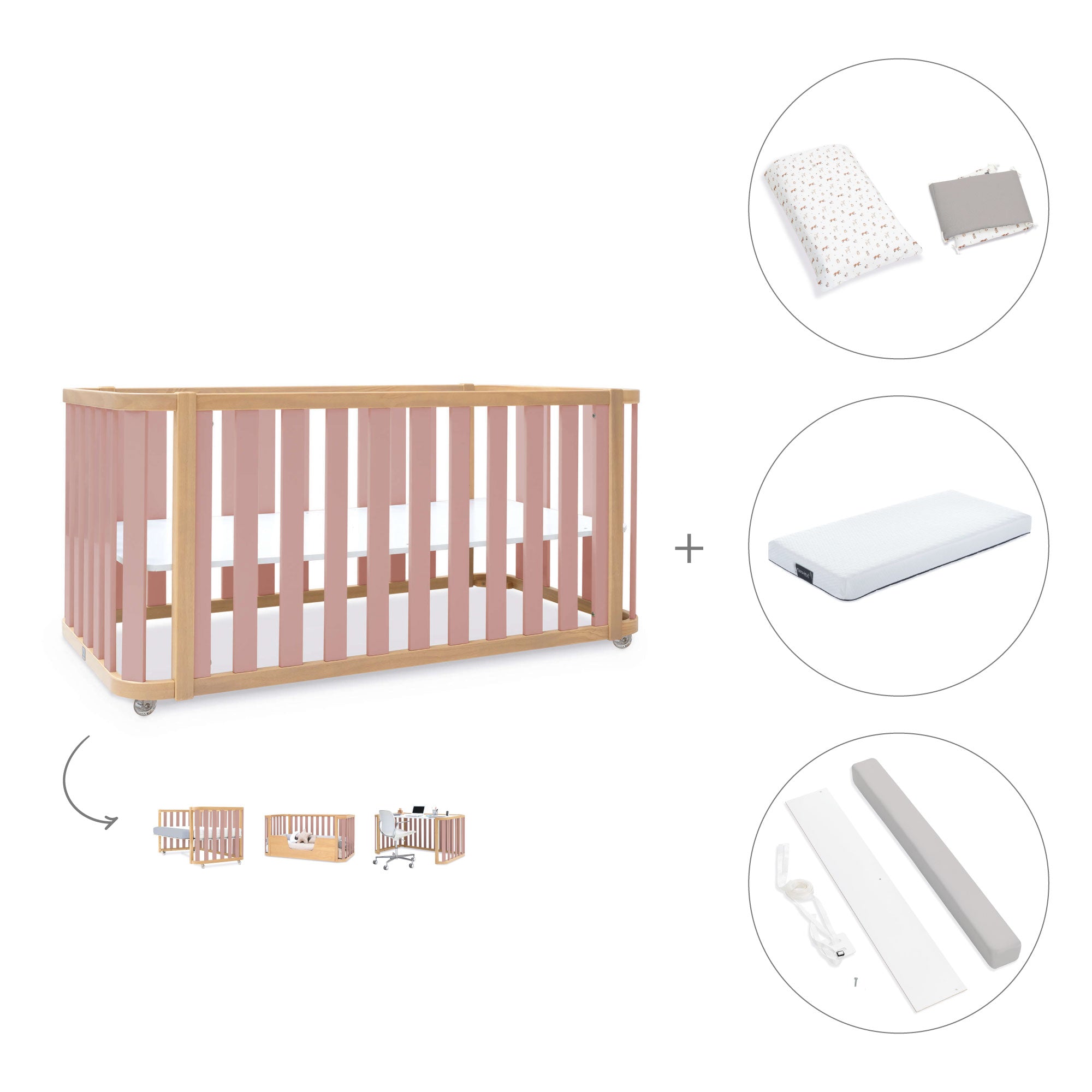 Cuna-cama-escritorio 70x140 cm (3en1) madera/rosa · Crea Plus Due C350-M5059