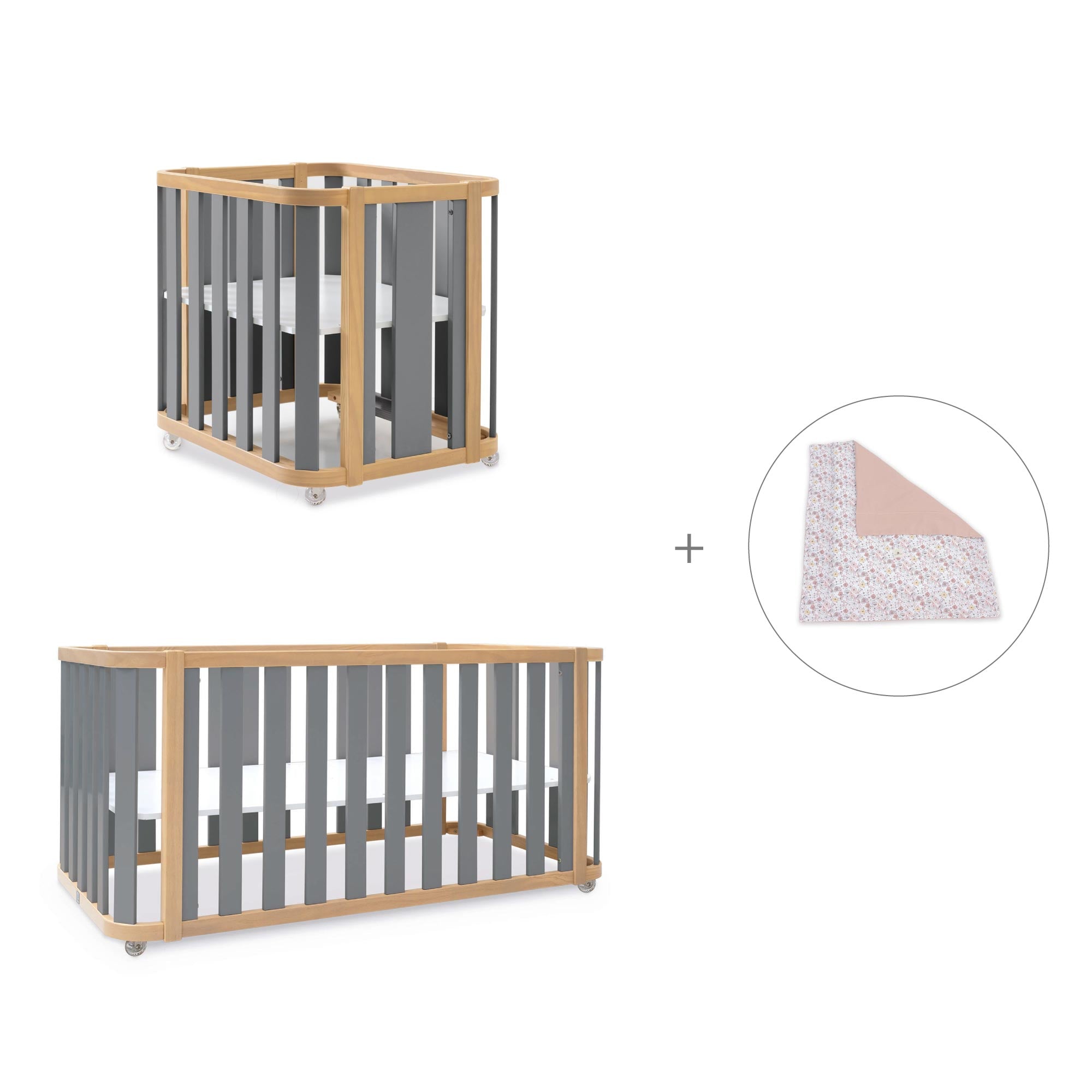 Minicuna-cuna-cama-escritorio (4en1) madera/gris · Crea Plus Tre C351-M5058
