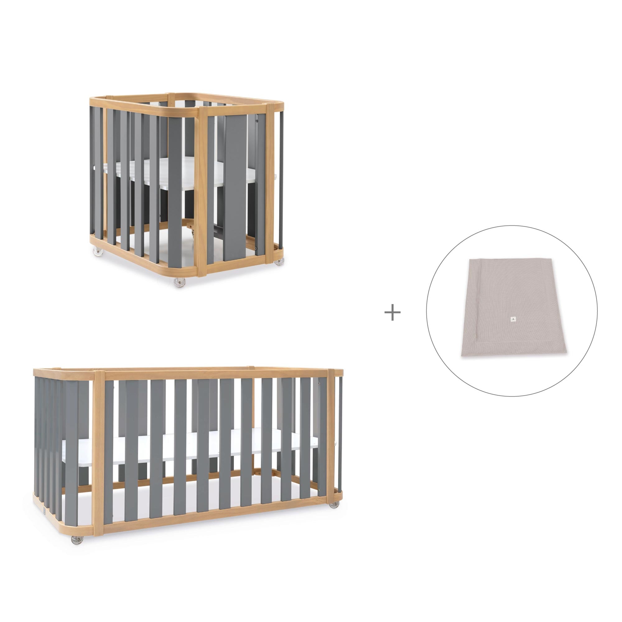 Minicuna-cuna-cama-escritorio (4en1) madera/gris · Crea Plus Tre C351-M5058