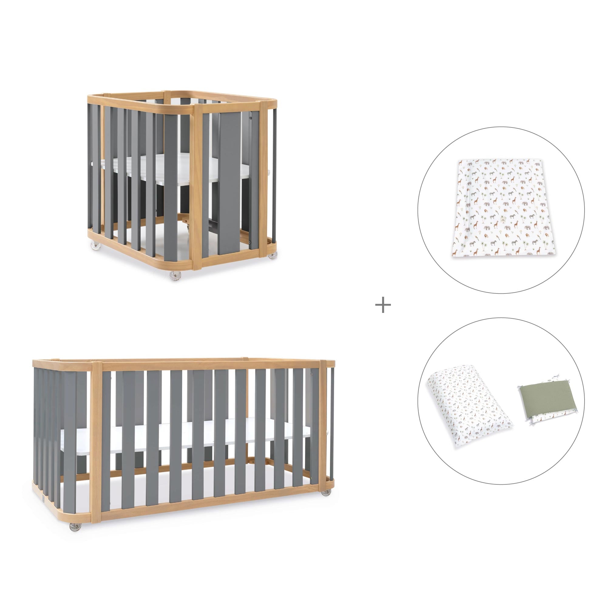 Minicuna-cuna-cama-escritorio (4en1) madera/gris · Crea Plus Tre C351-M5058
