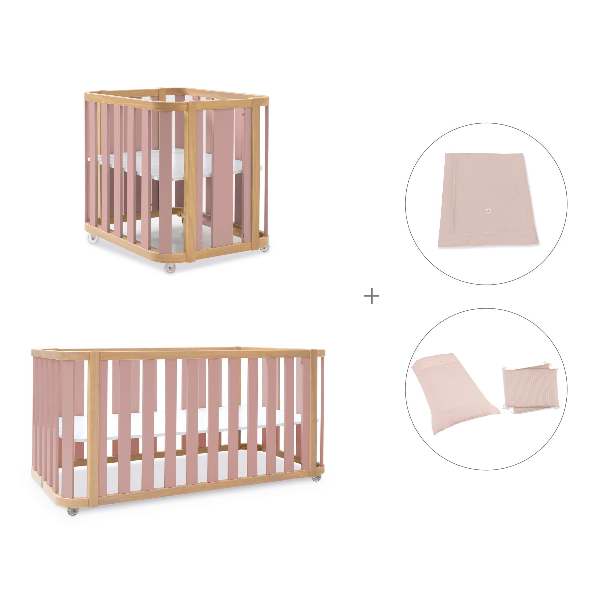Minicuna-cuna-cama-escritorio (4en1) madera/rosa · Crea Plus Tre C351-M5059