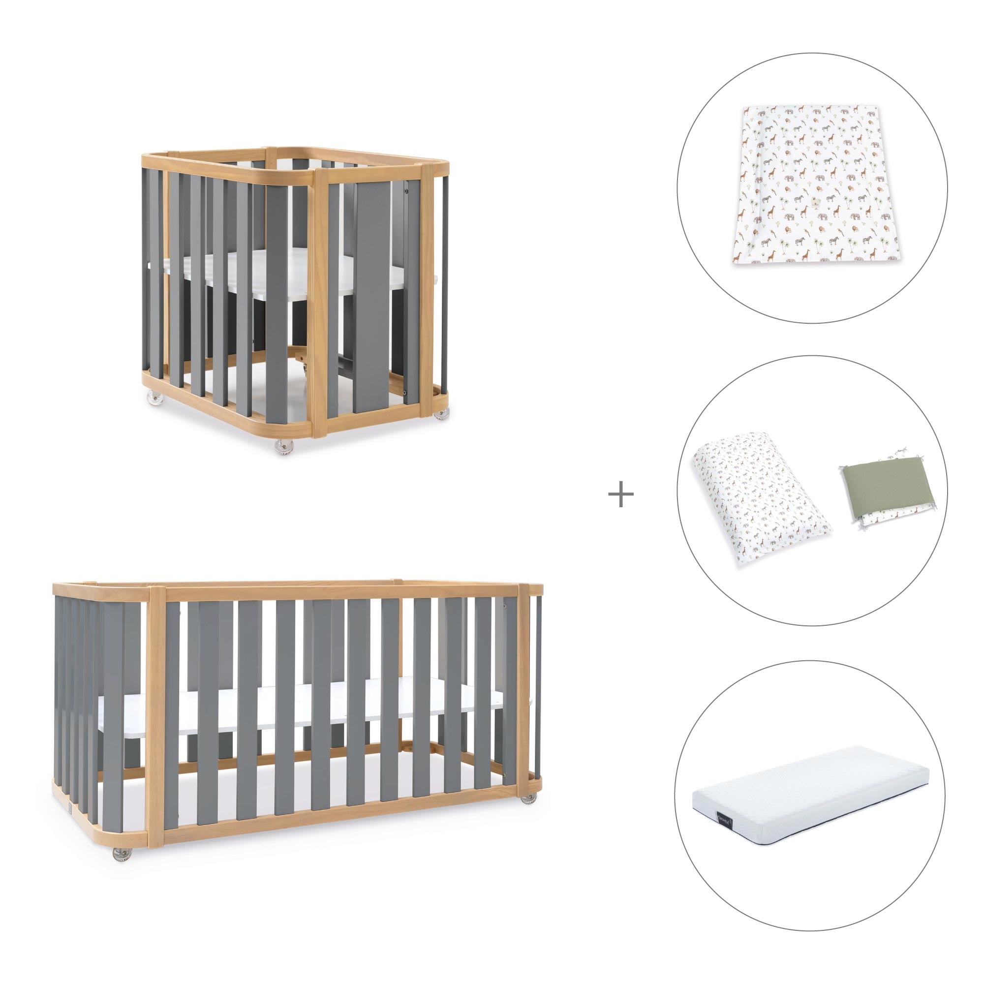 Minicuna-cuna-cama-escritorio (4en1) madera/gris · Crea Plus Tre C351-M5058