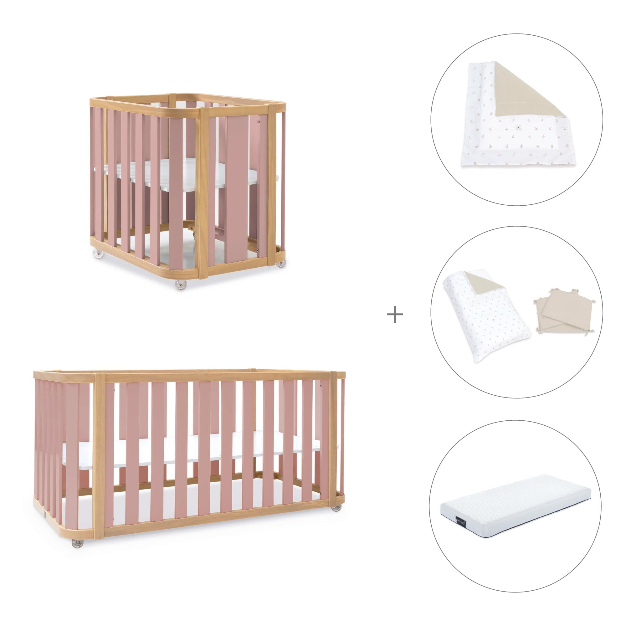 Minicuna-cuna-cama-escritorio (4en1) madera/rosa · Crea Plus Tre C351-M5059