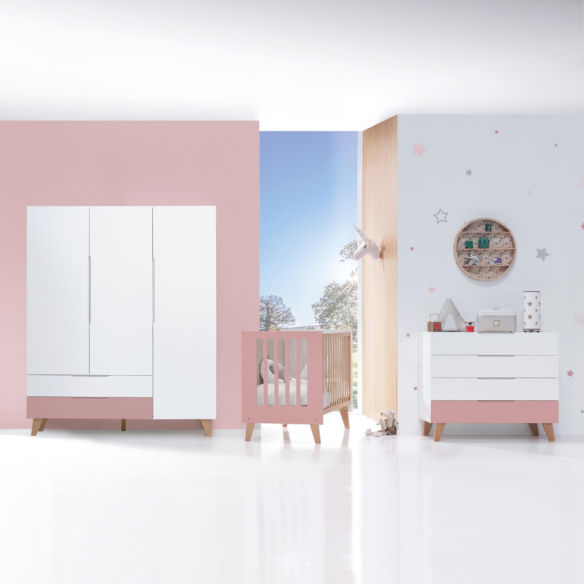 Dormitorio infantil grande en blanco, madera y rosa · Lifestyle Plus+ Quarzo