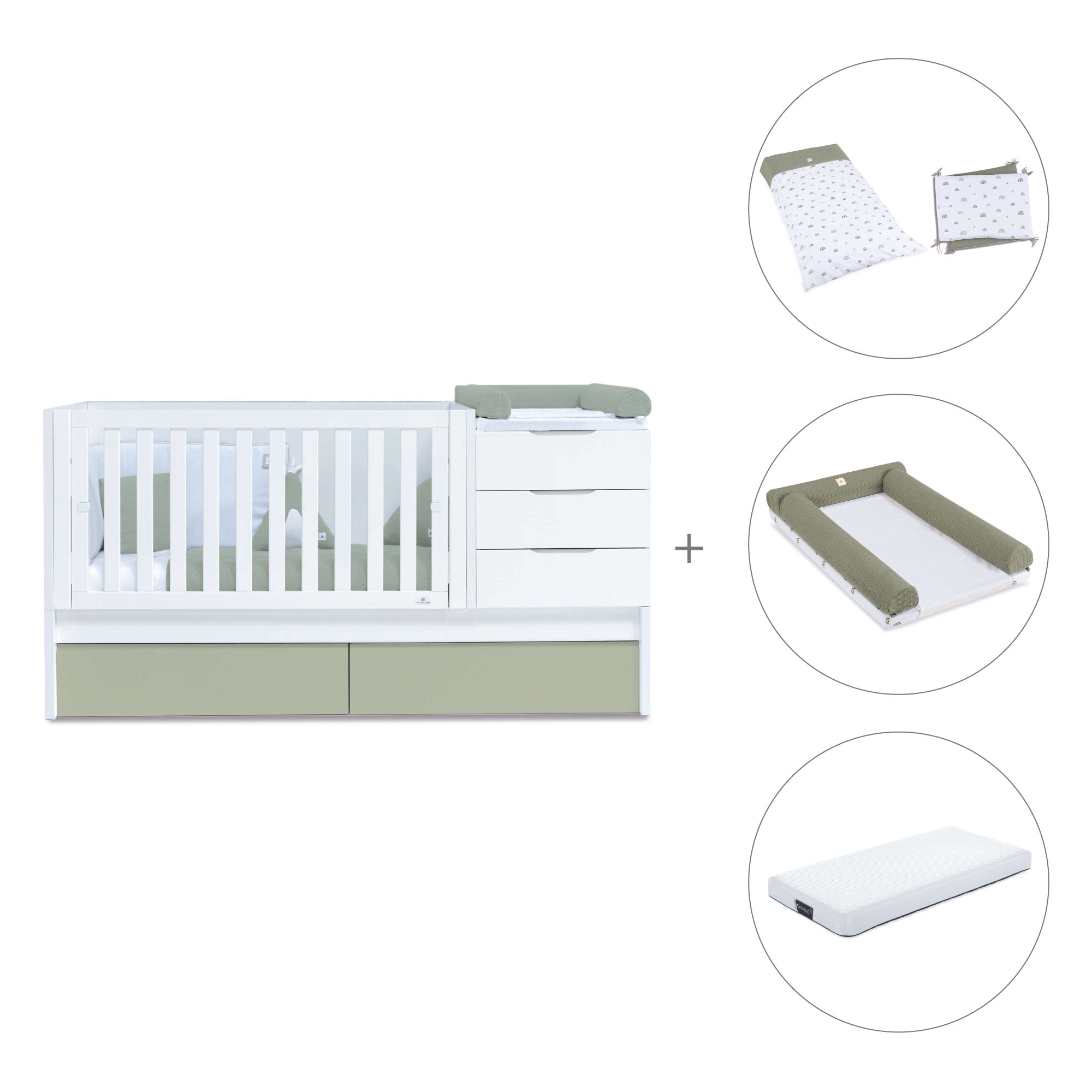 Cuna convertible 70x140 cm blanca/verde-oliva · Sero More K546-M7756