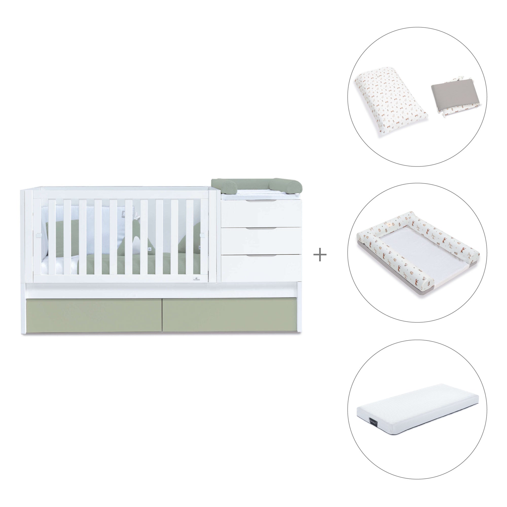 Cuna convertible 70x140 cm blanca/verde-oliva · Sero More K546-M7756