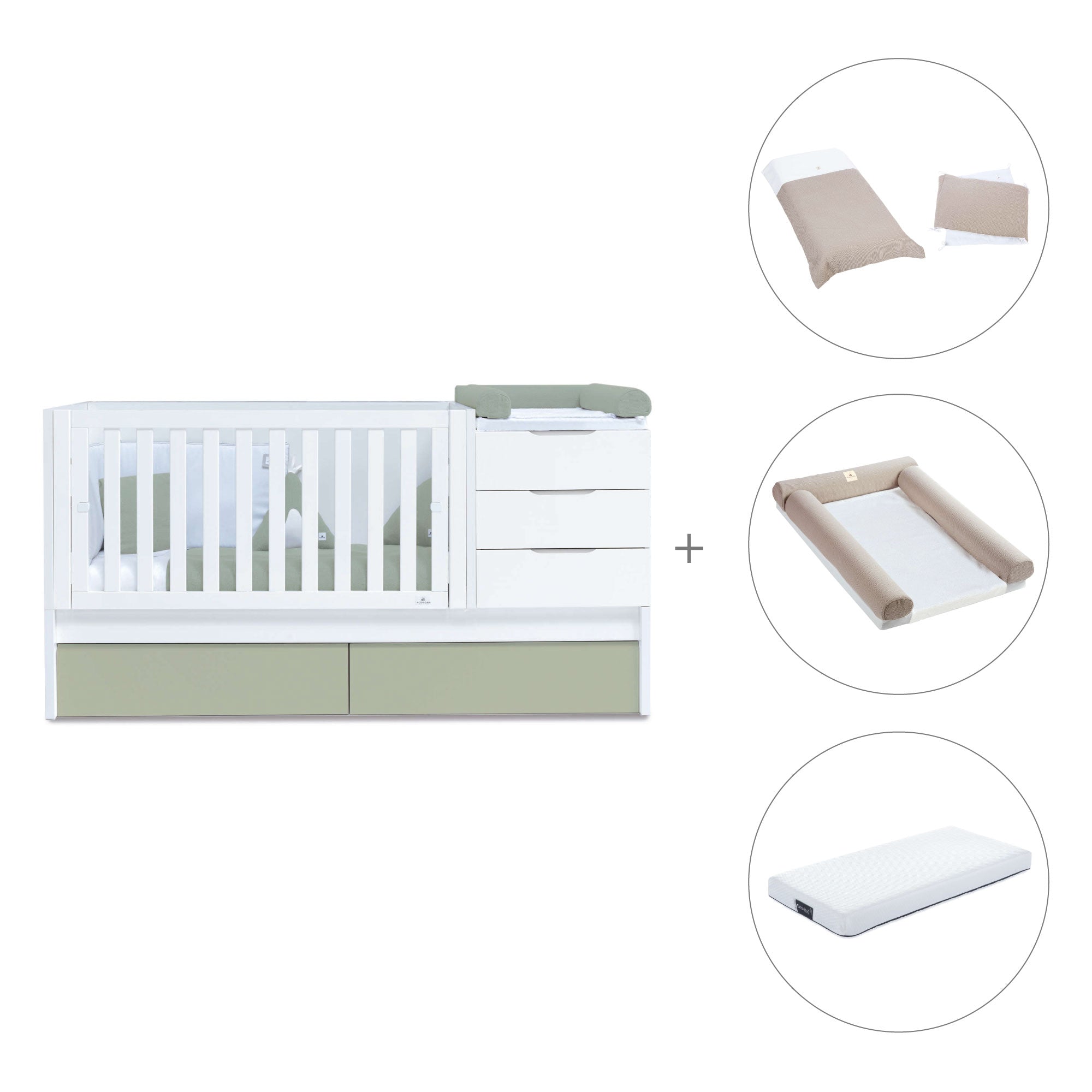 Cuna convertible 70x140 cm blanca/verde-oliva · Sero More K546-M7756