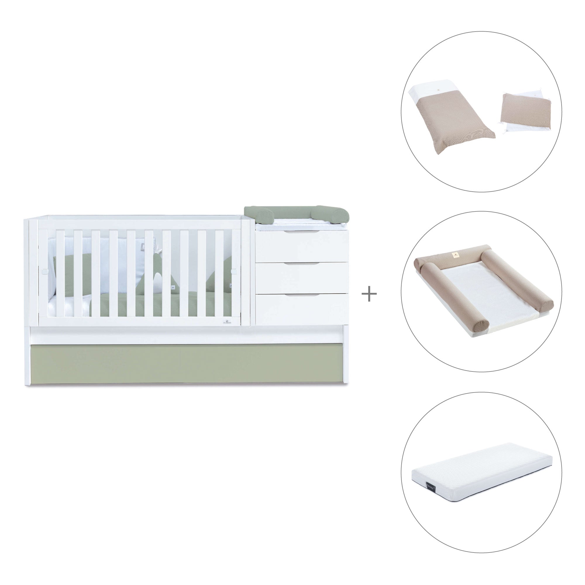 Cuna convertible 70x140 cm blanca/verde-oliva · Sero More K546-M7756
