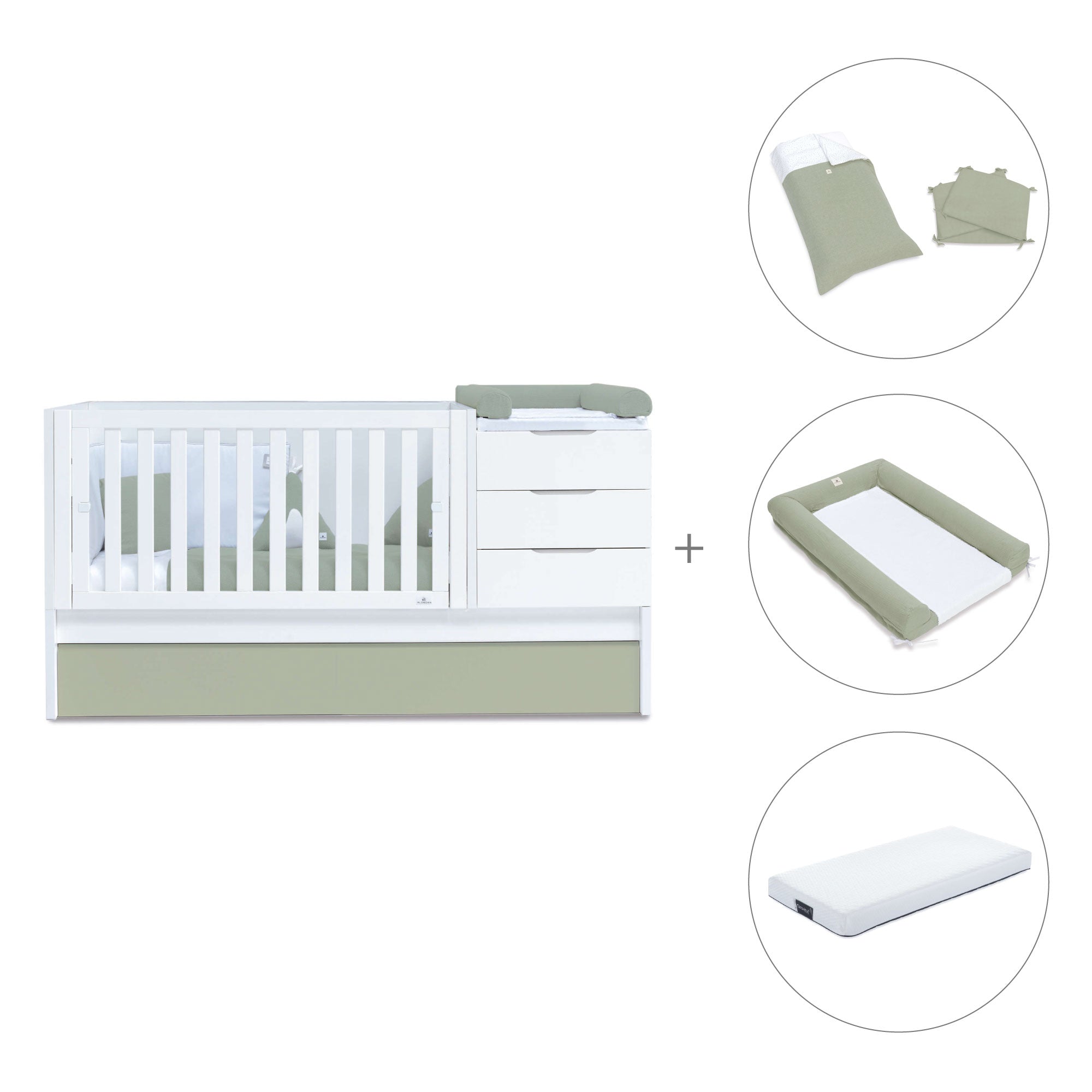 Cuna convertible 70x140 cm blanca/verde-oliva · Sero More K546-M7756