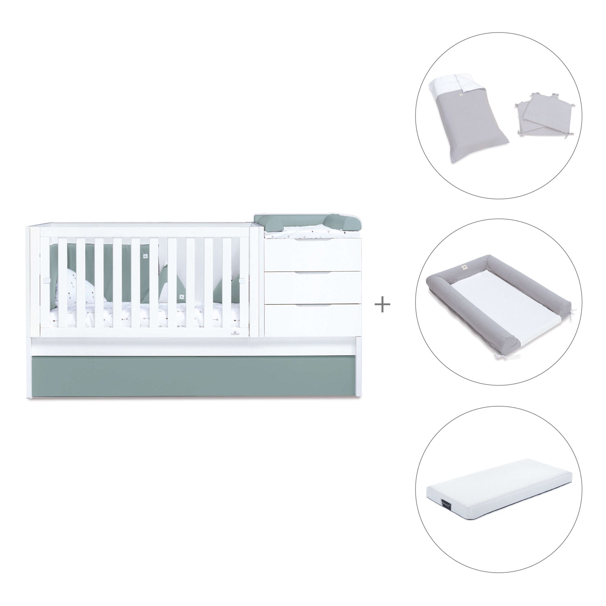 Cuna convertible 70x140 cm blanca/eucalipto · Sero More Eucalyptus K546-M7757