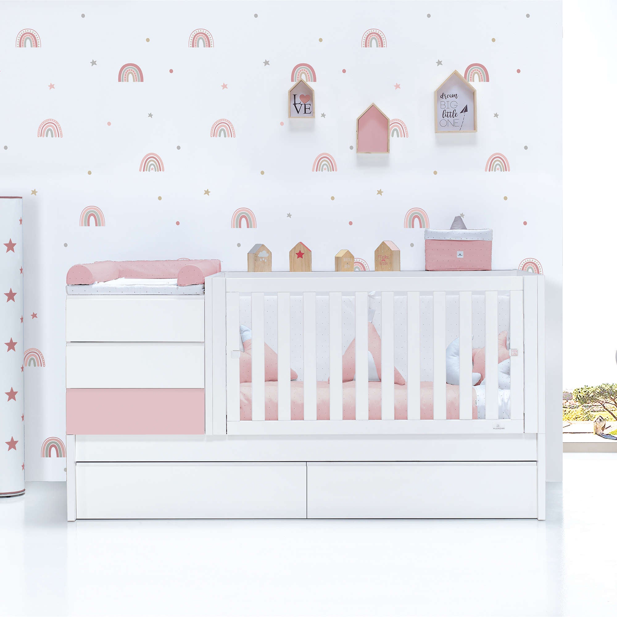 Cuna convertible 70x140 cm blanca/rosa claro · Sero Kubo Flamingo K551-M7742