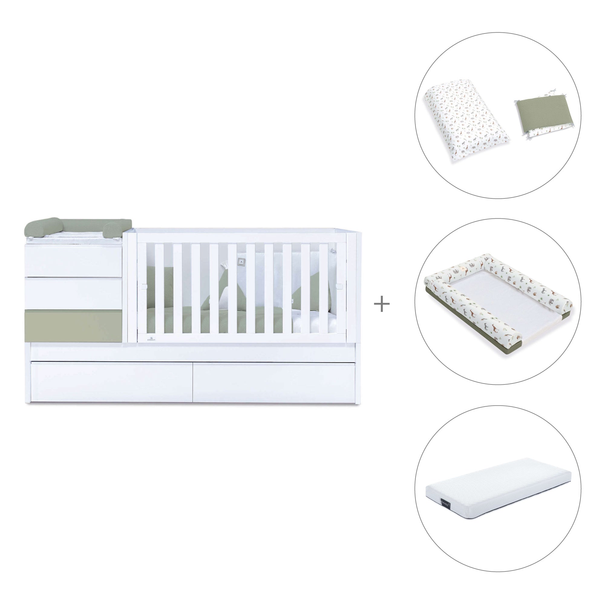 Cuna convertible 70x140 cm blanco/verde-oliva · Sero Kubo K551-M7756