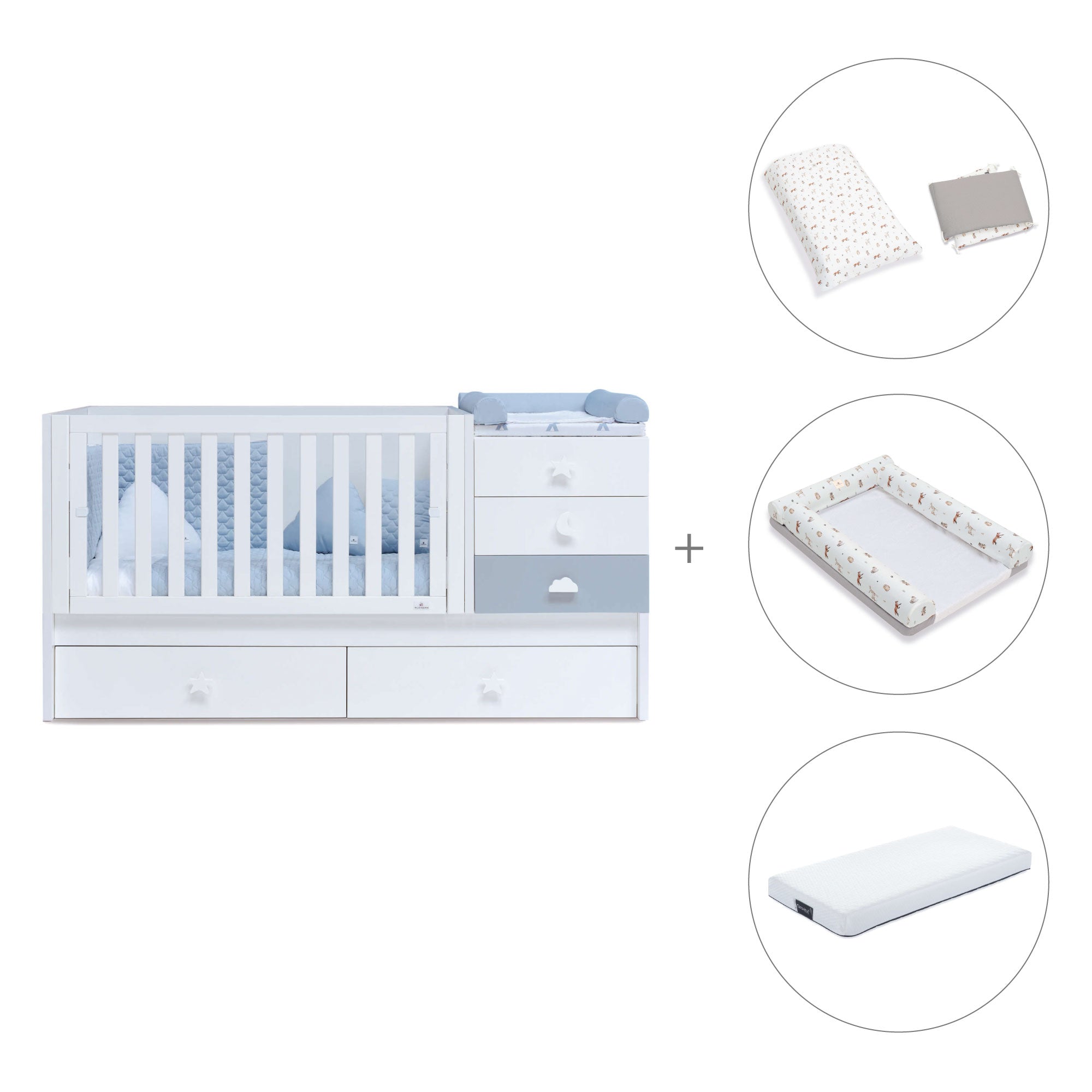 Cuna convertible 70x140 cm en blanco/azul · Sero Bubble K554-M7741