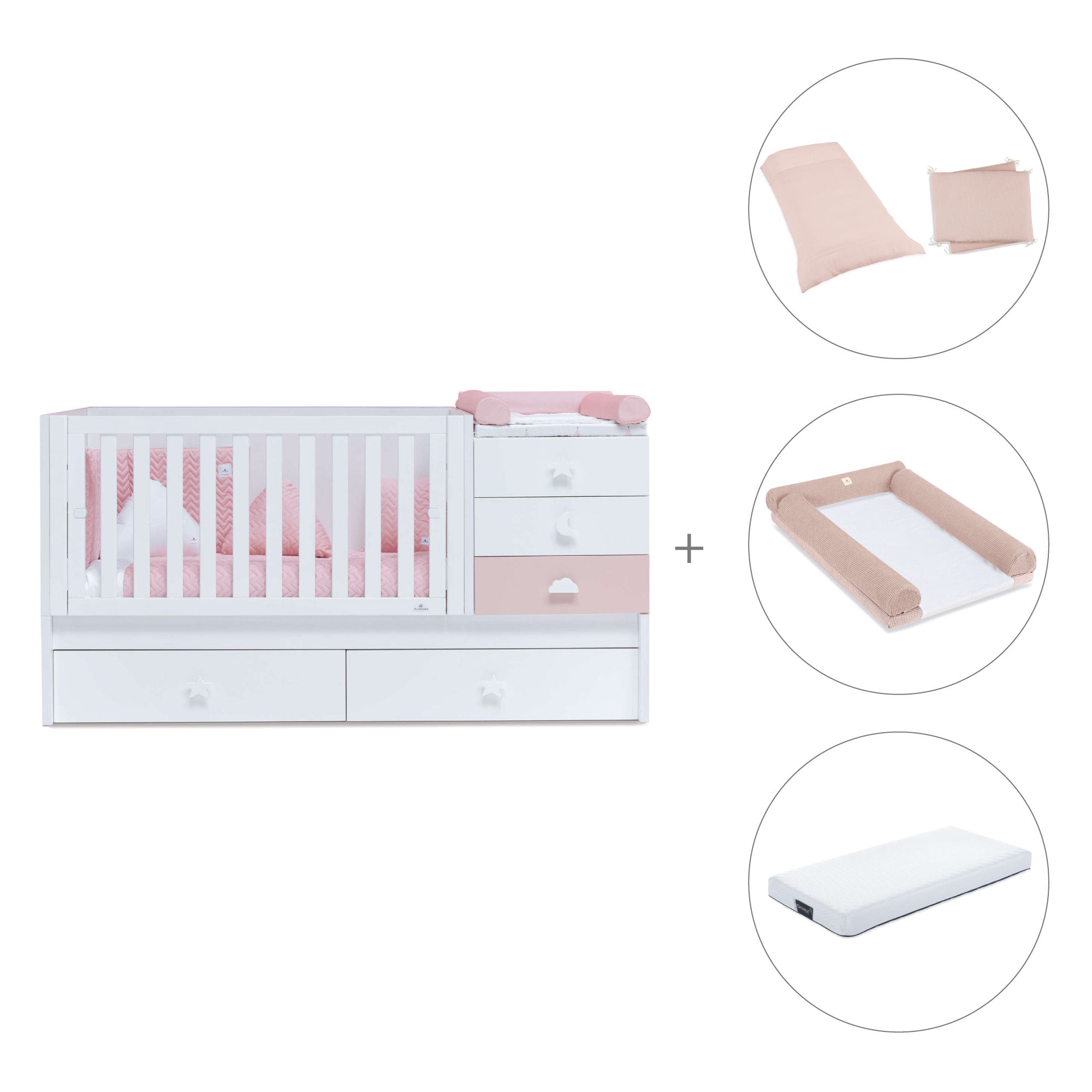 Cuna convertible 70x140 cm en blanco/rosa · Sero Bubble K554-M7742