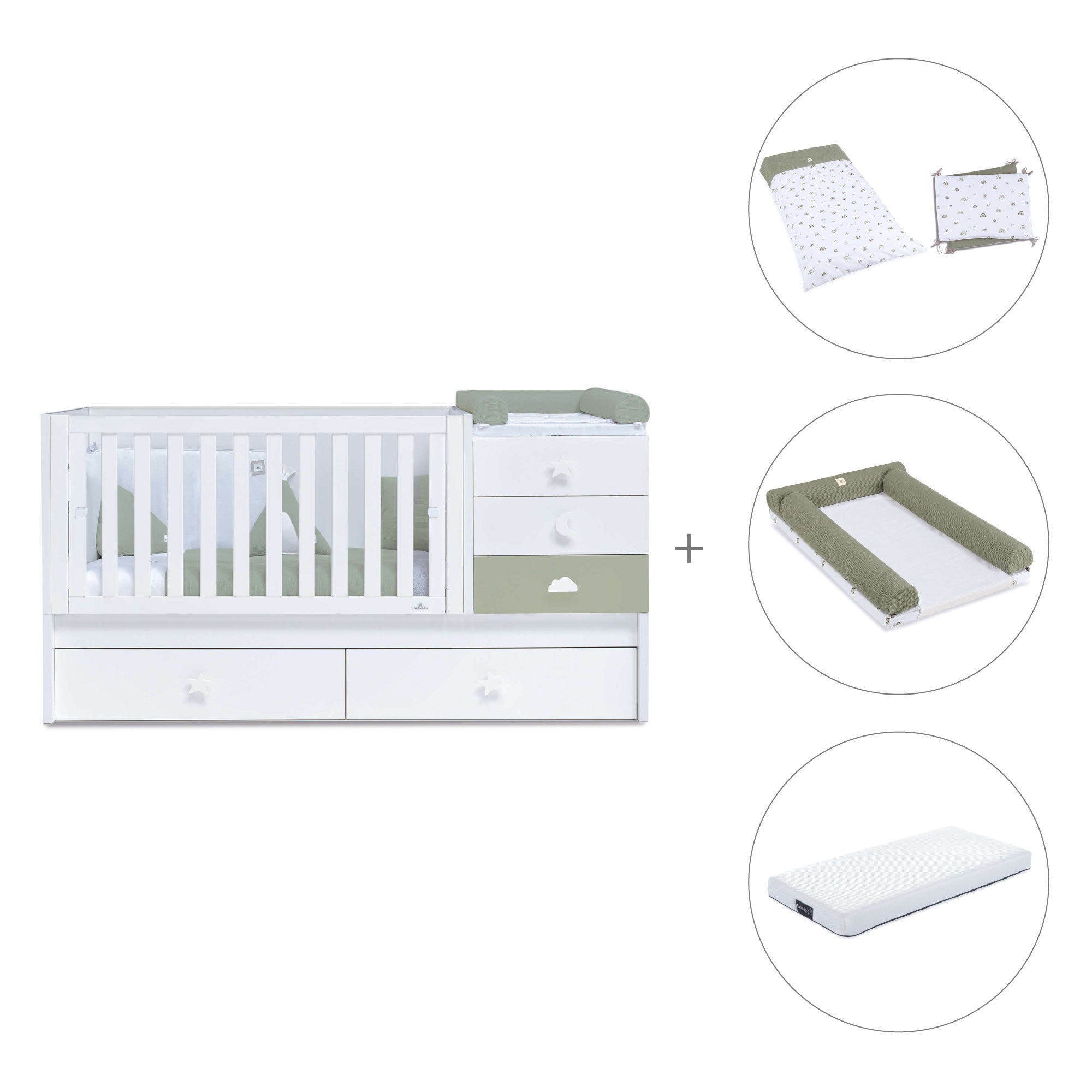 Cuna convertible 70x140 cm blanca/verde-oliva · Sero Bubble Erba K554-M7756