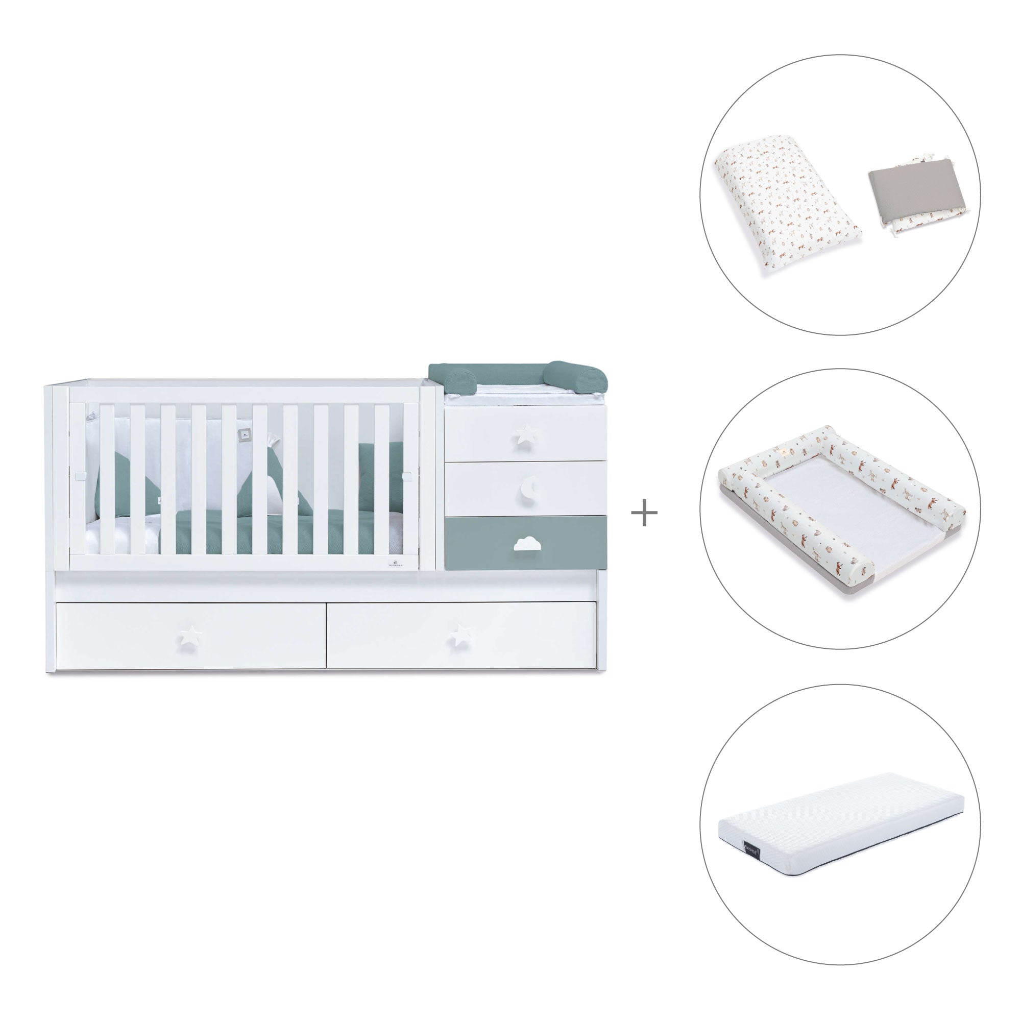 Cuna convertible 70x140 cm blanca/eucalipto · Sero Bubble Eucalyptus K554-M7757