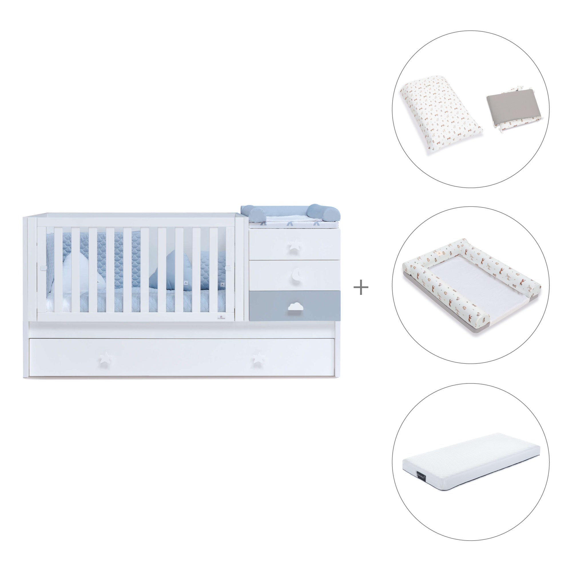 Cuna convertible 70x140 cm en blanco/azul · Sero Bubble K554-M7741