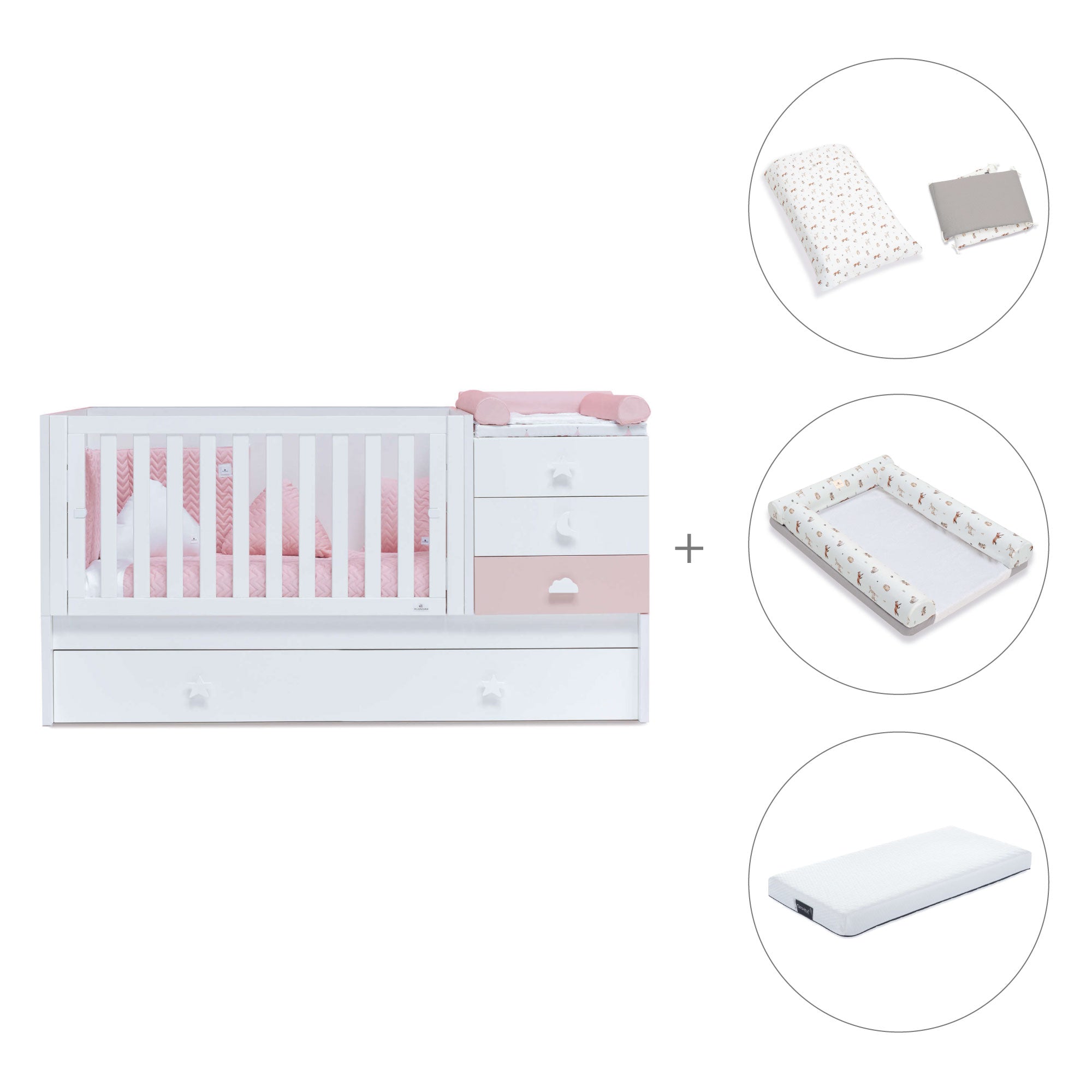 Cuna convertible 70x140 cm en blanco/rosa · Sero Bubble K554-M7742
