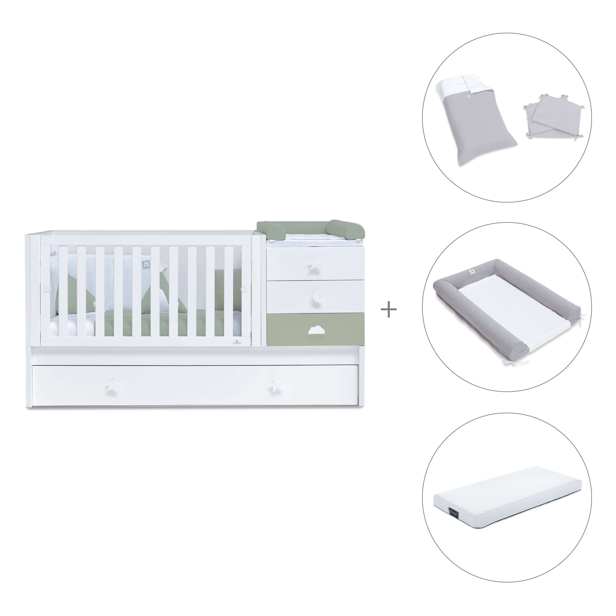 Cuna convertible 70x140 cm blanca/verde-oliva · Sero Bubble Erba K554-M7756