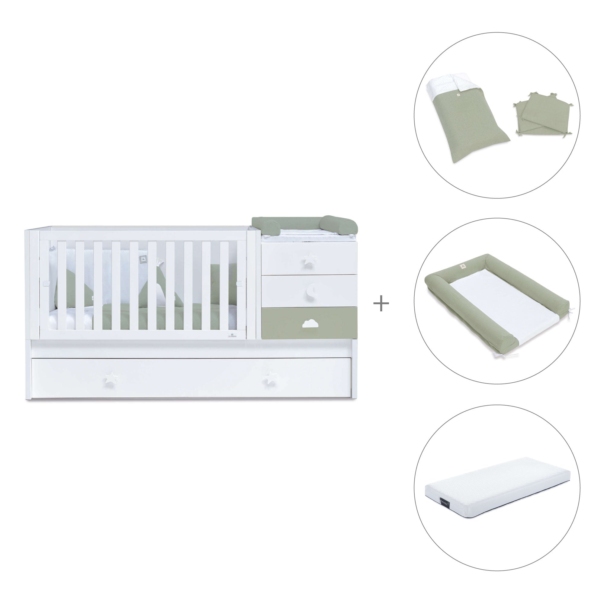 Cuna convertible 70x140 cm blanca/verde-oliva · Sero Bubble Erba K554-M7756