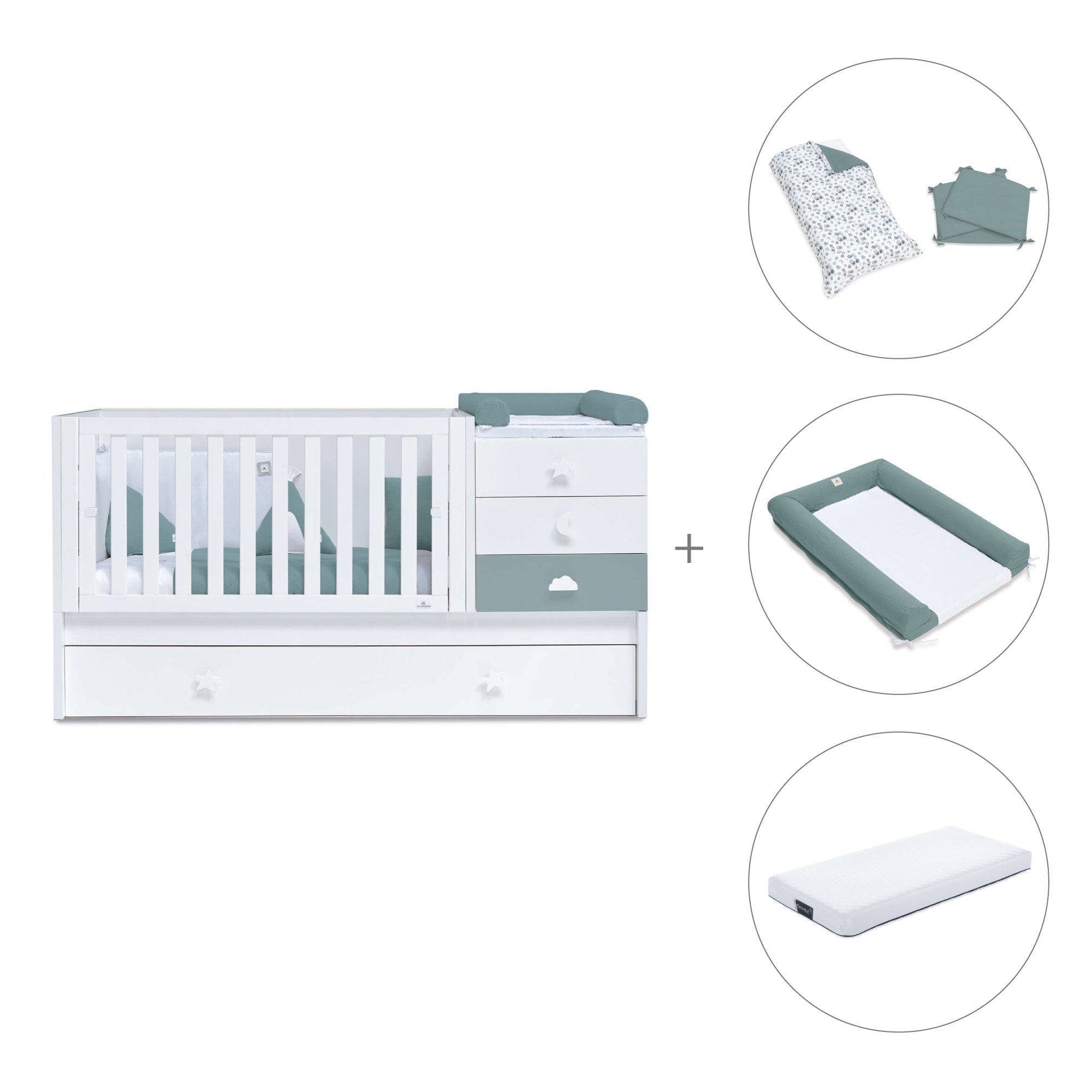 Cuna convertible 70x140 cm blanca/eucalipto · Sero Bubble Eucalyptus K554-M7757