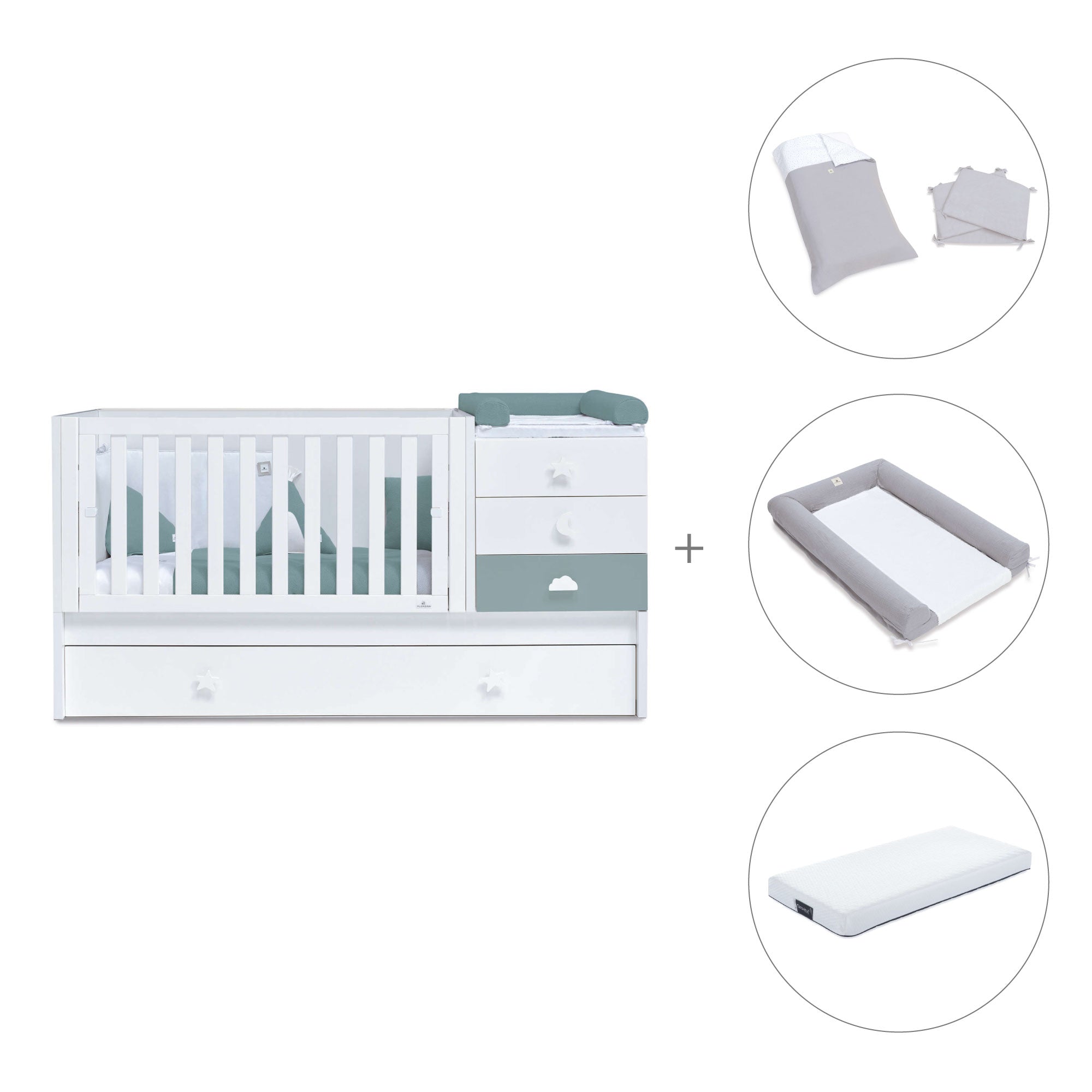 Cuna convertible 70x140 cm blanca/eucalipto · Sero Bubble Eucalyptus K554-M7757