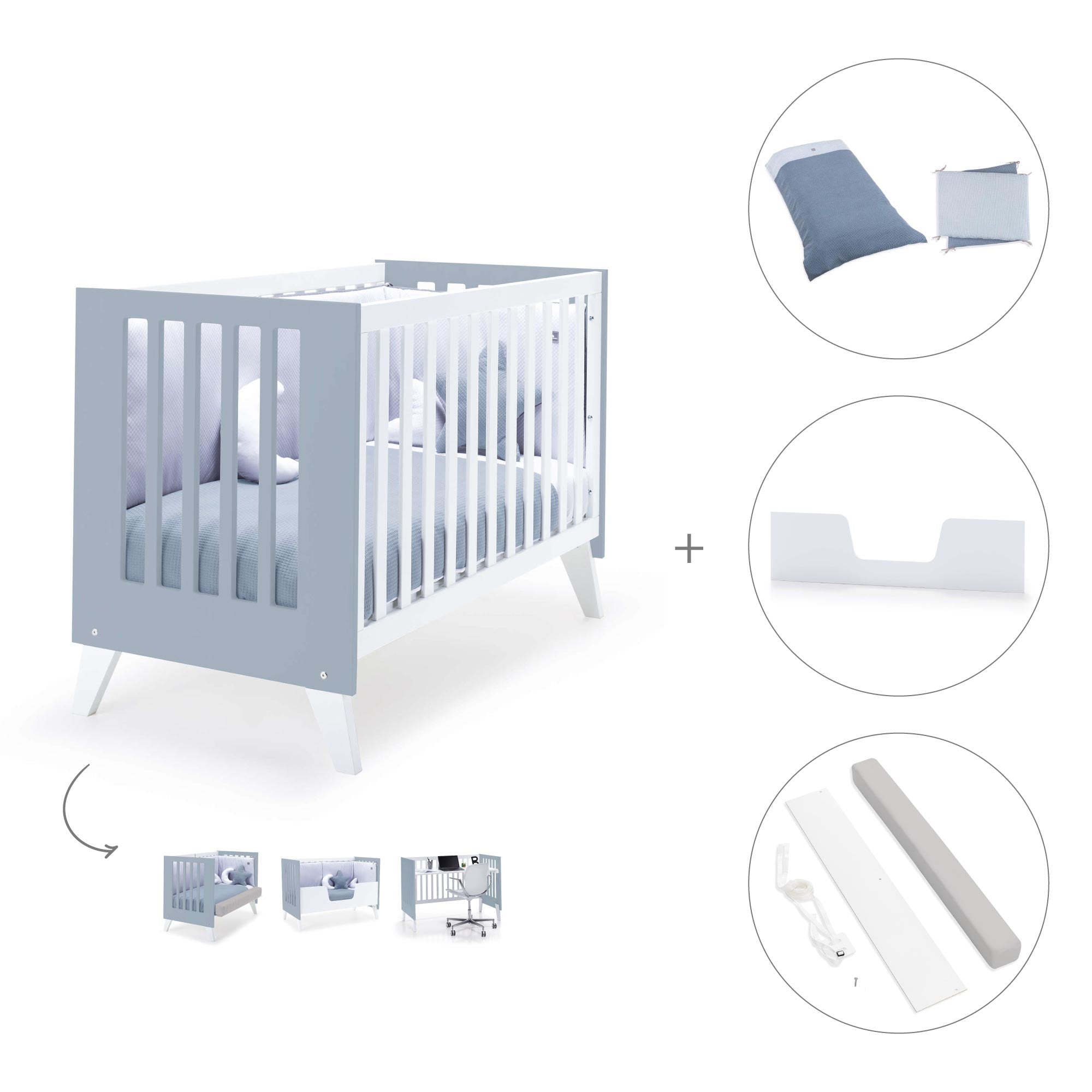 Cuna colecho 60x120 cm (4en1) blanco/celeste · Nexo Due Blu denim C187D-M7741