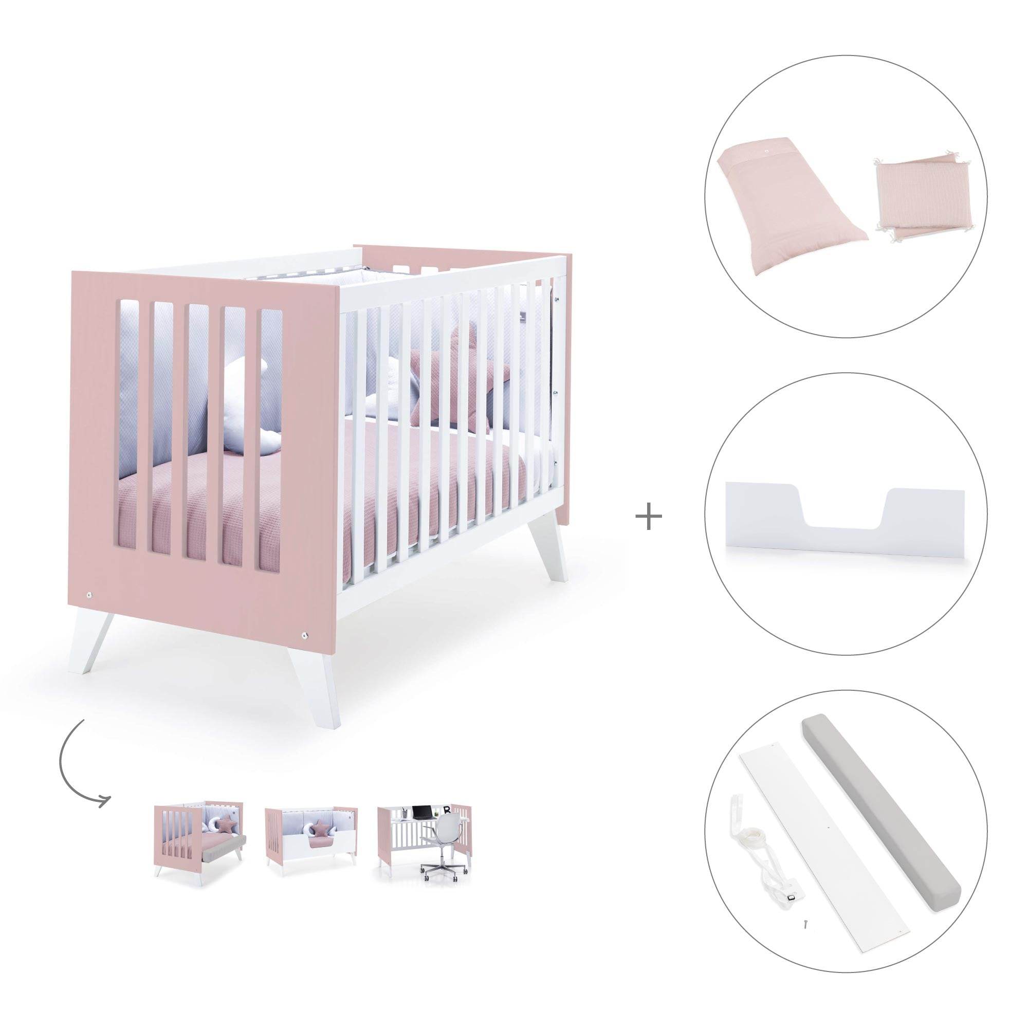 Cuna de colecho 60x120 cm (4en1) rosa pastel · Nexo Due Flamingo C187D-M7742
