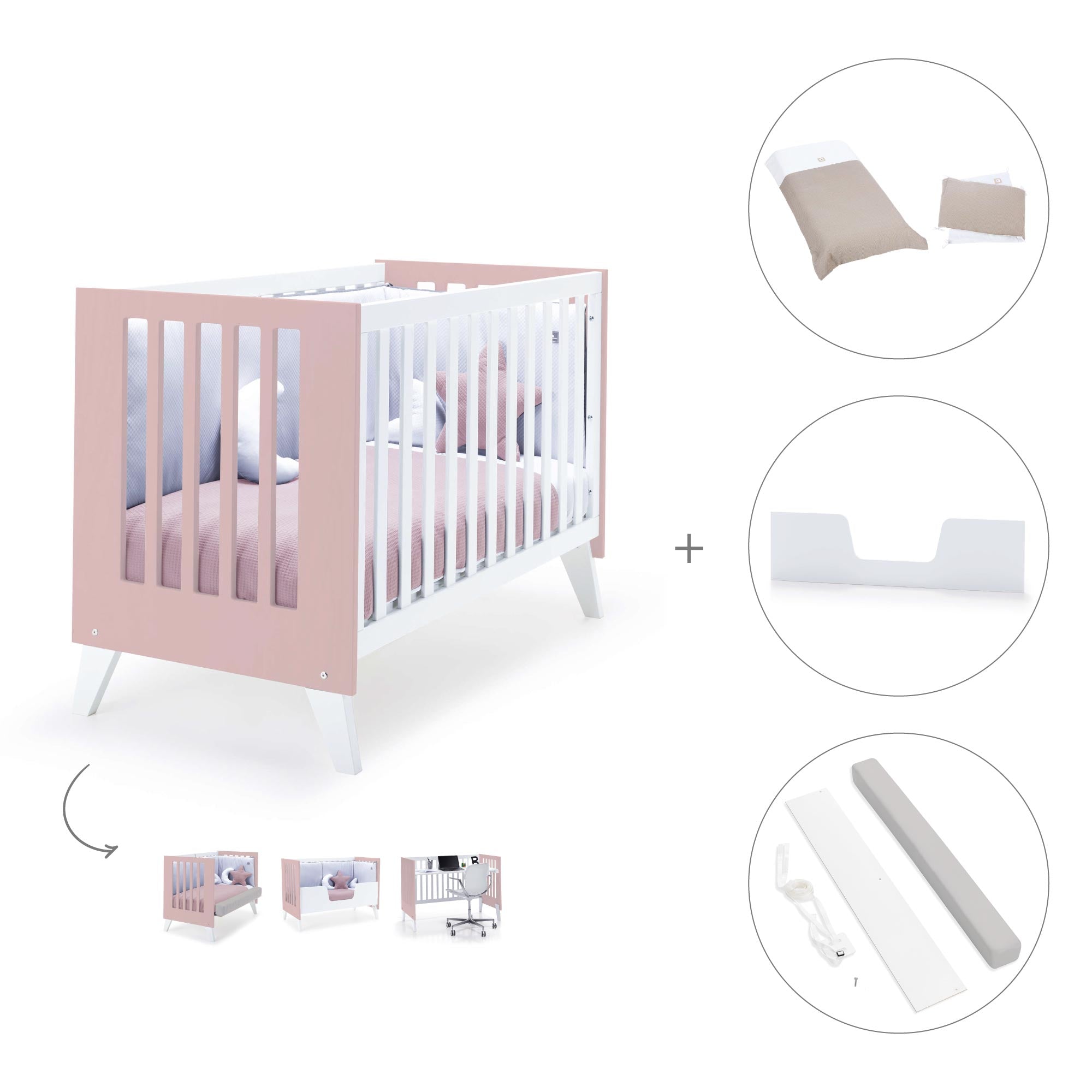 Cuna de colecho 60x120 cm (4en1) rosa pastel · Nexo Due Flamingo C187D-M7742