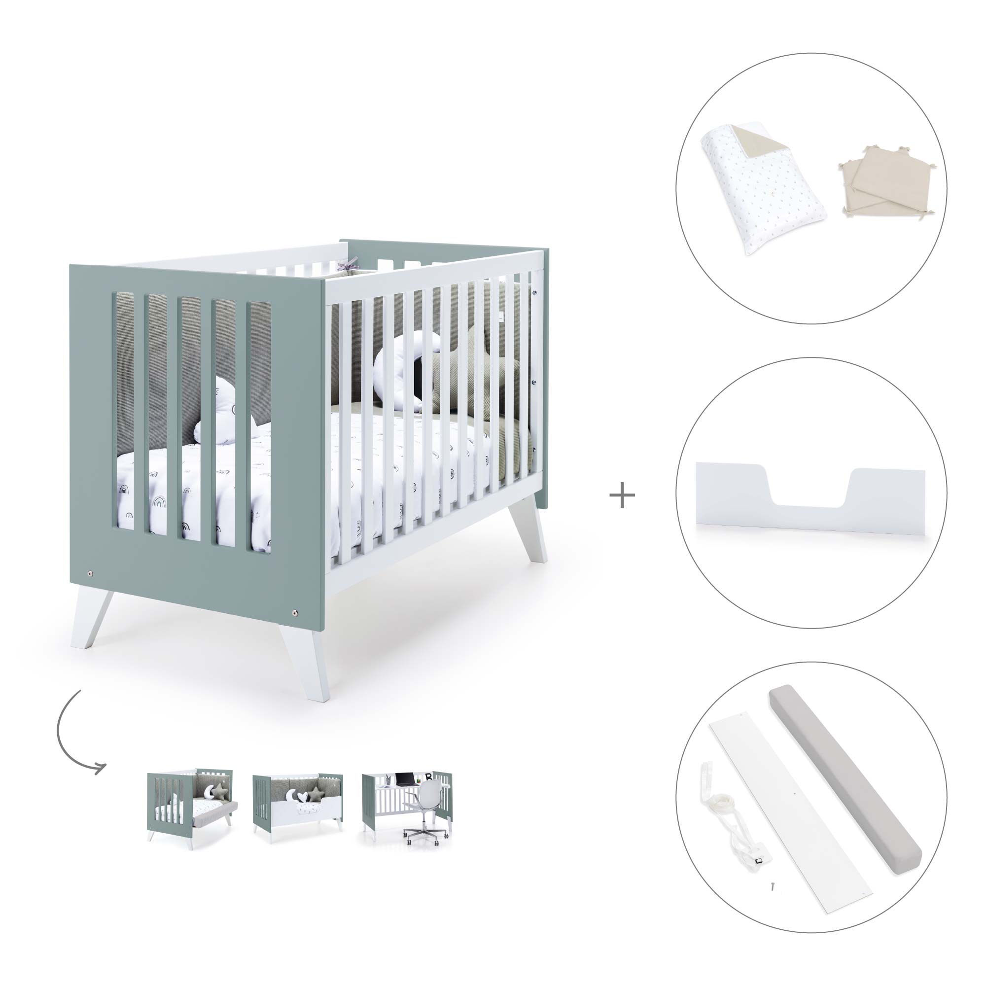 Cuna colecho 60x120 cm (4en1) blanco/verde eucalipto · Nexo Due Eucalyptus C187D-M7757