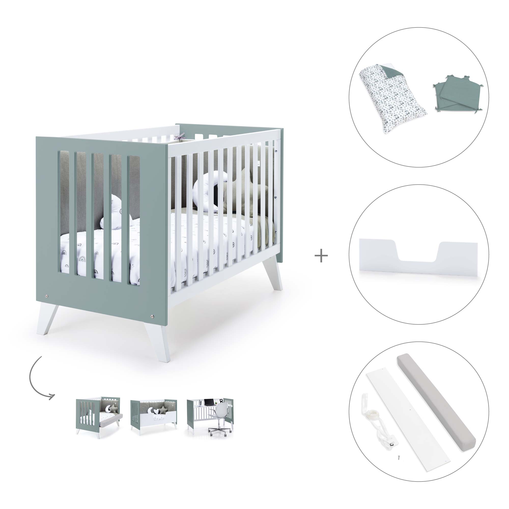Cuna colecho 60x120 cm (4en1) blanco/verde eucalipto · Nexo Due Eucalyptus C187D-M7757