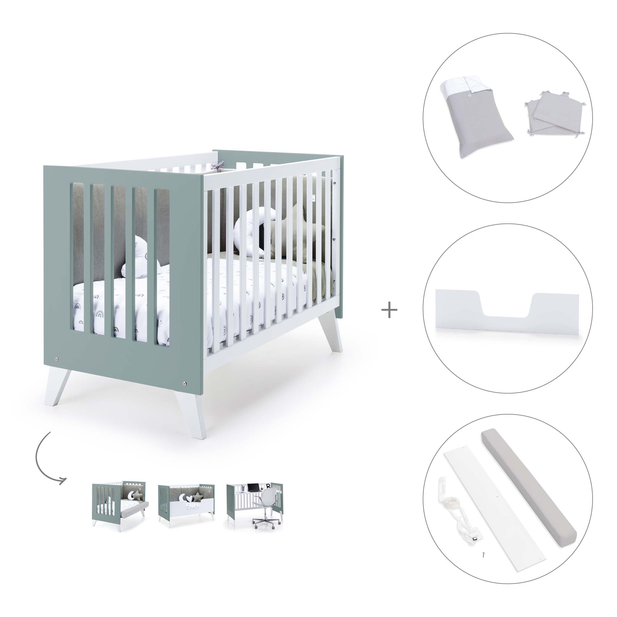 Cuna colecho 60x120 cm (4en1) blanco/verde eucalipto · Nexo Due Eucalyptus C187D-M7757