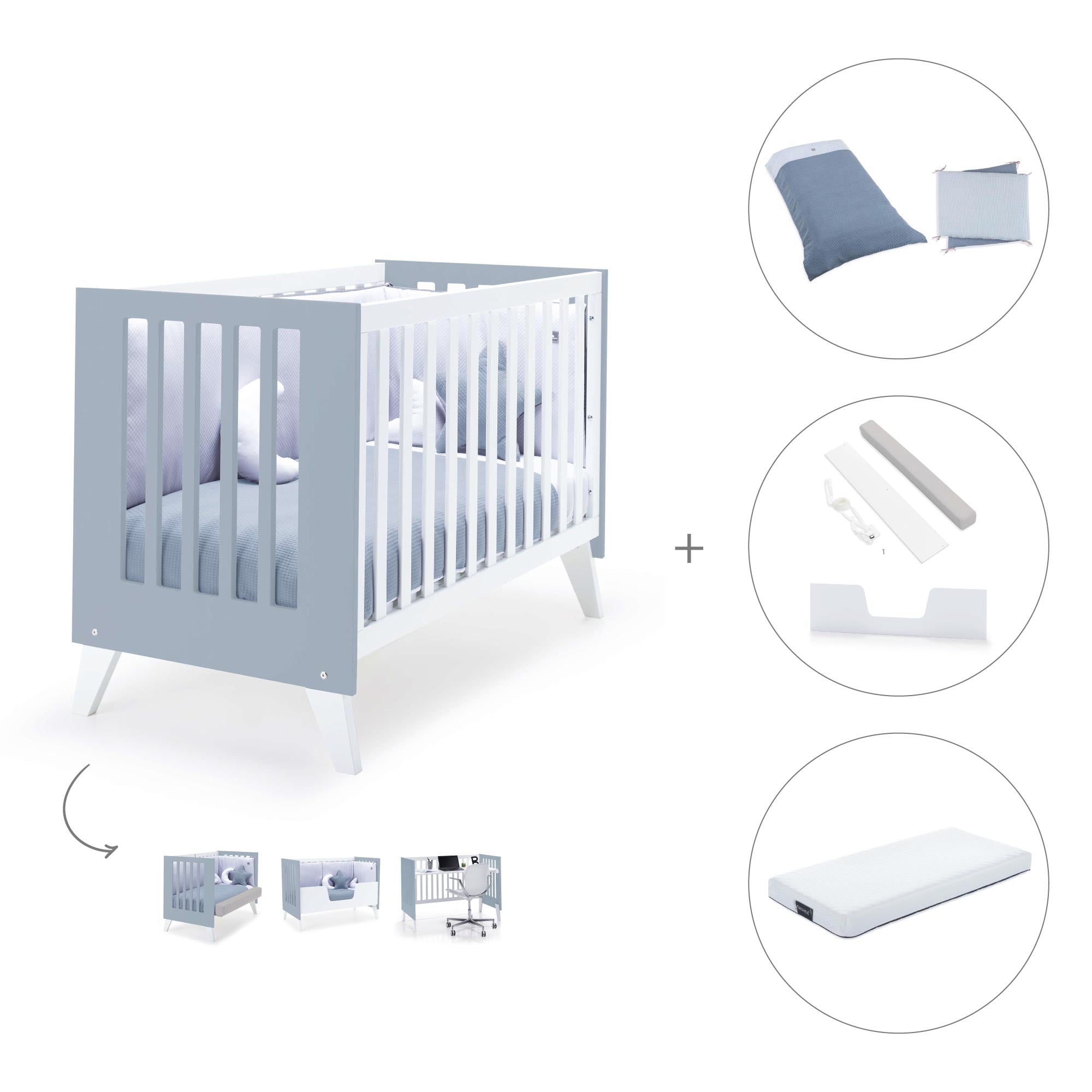 Cuna colecho 60x120 cm (4en1) blanco/celeste · Nexo Due Blu denim C187D-M7741