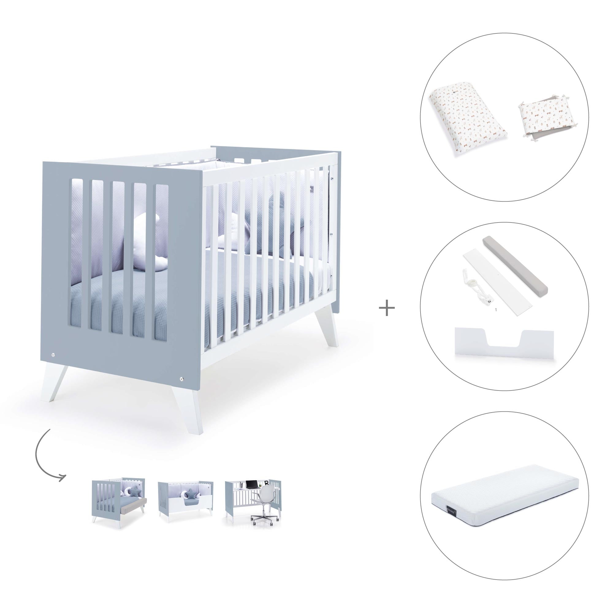 Cuna colecho 60x120 cm (4en1) blanco/celeste · Nexo Due Blu denim C187D-M7741
