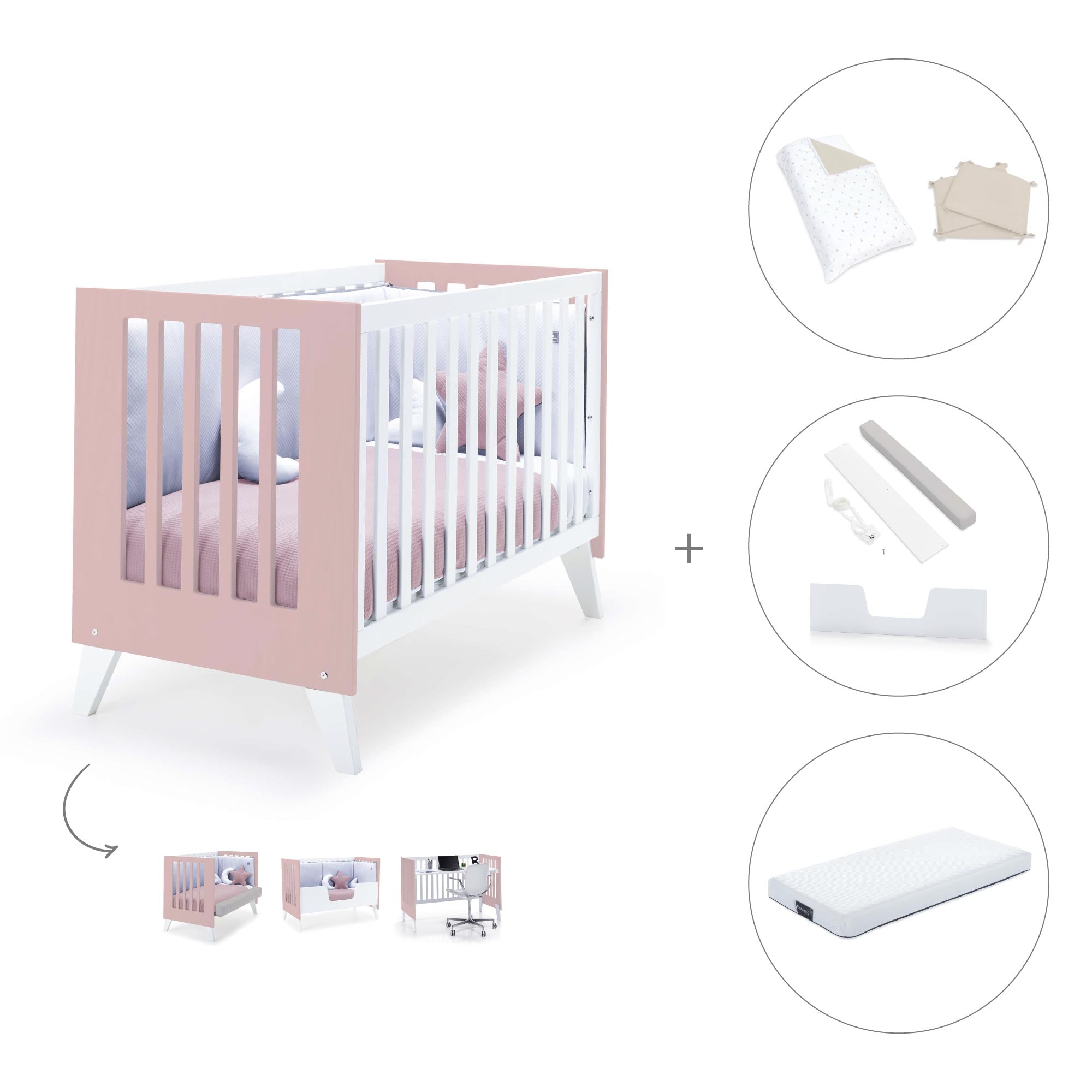 Cuna de colecho 60x120 cm (4en1) rosa pastel · Nexo Due Flamingo C187D-M7742
