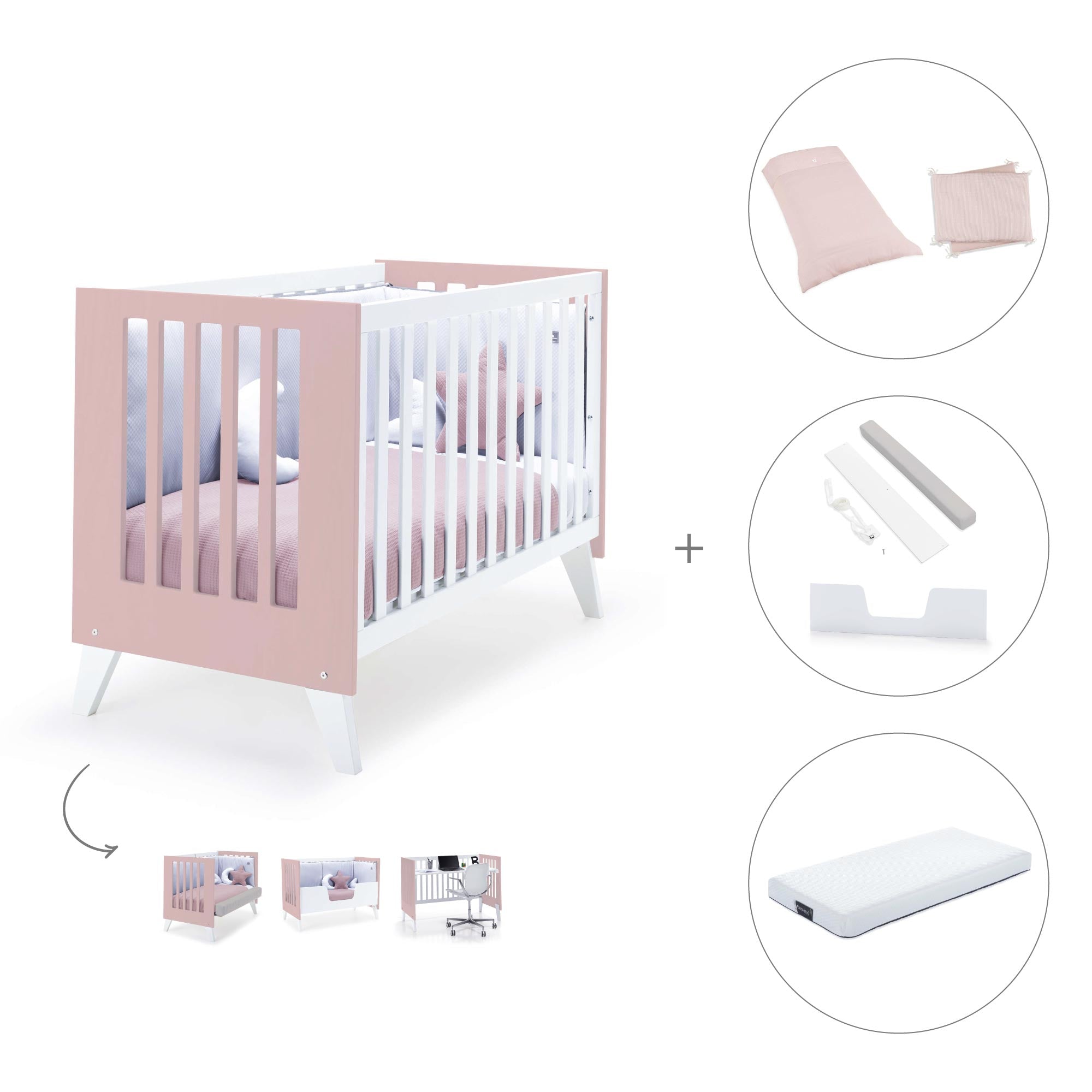 Cuna de colecho 60x120 cm (4en1) rosa pastel · Nexo Due Flamingo C187D-M7742