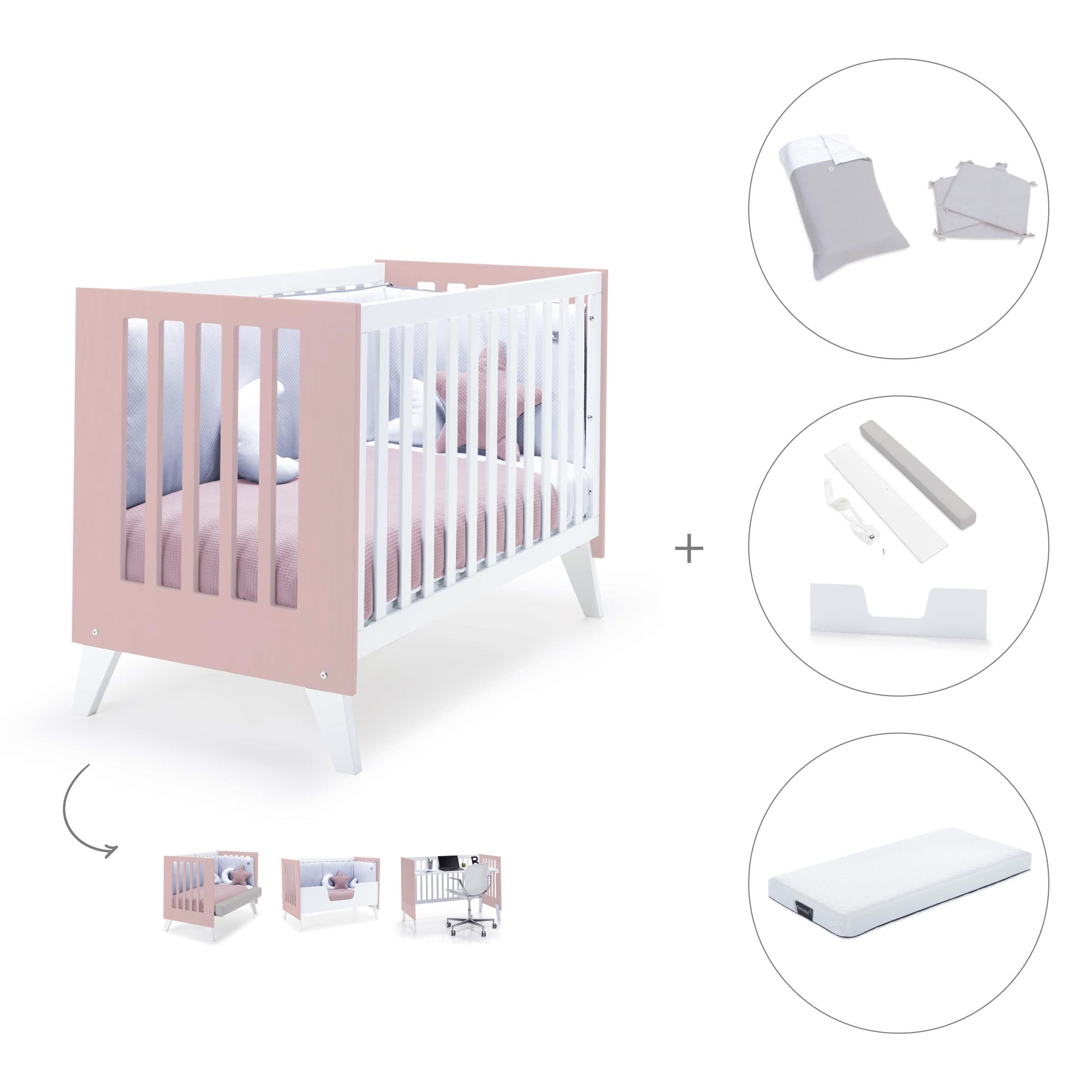 Cuna de colecho 60x120 cm (4en1) rosa pastel · Nexo Due Flamingo C187D-M7742