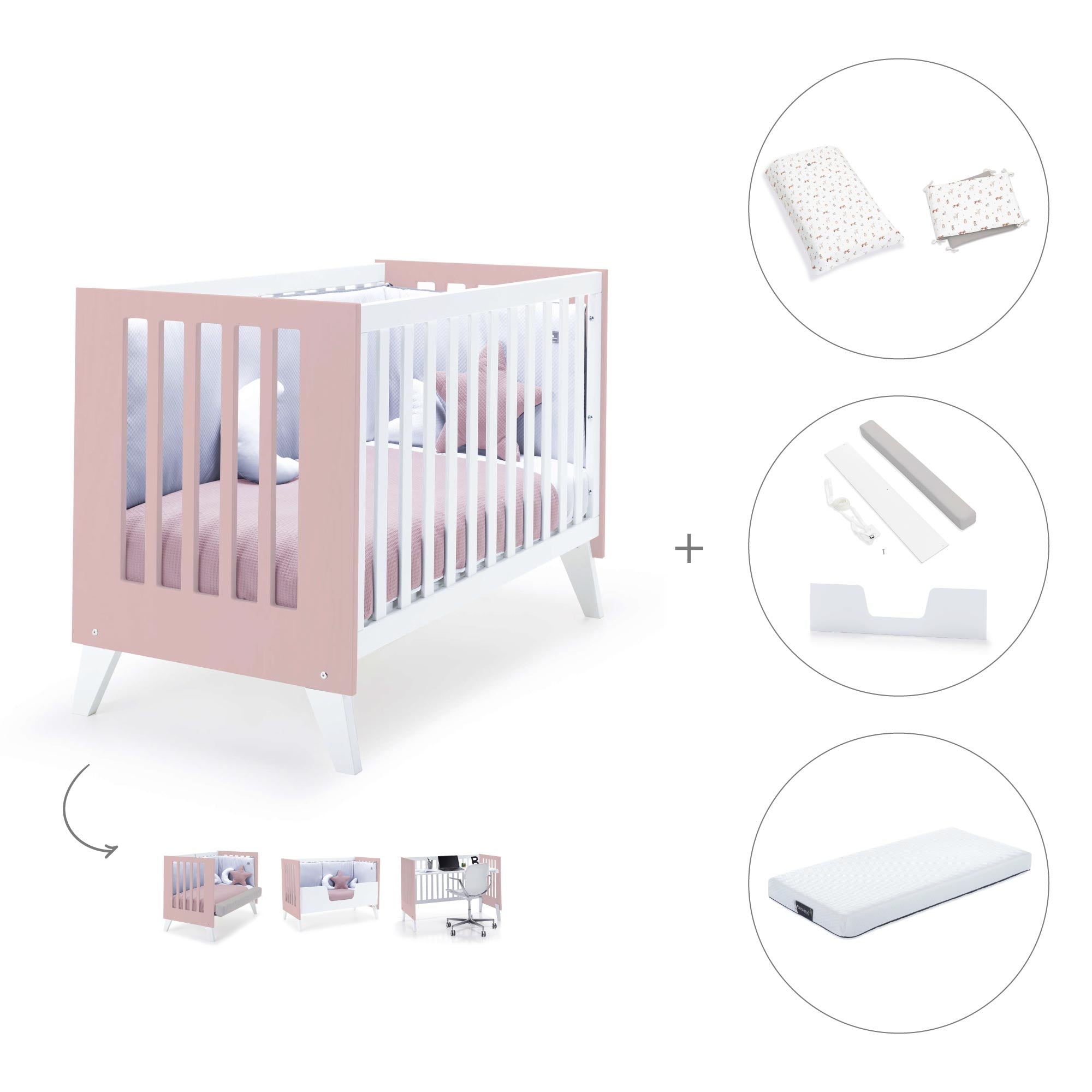 Cuna de colecho 60x120 cm (4en1) rosa pastel · Nexo Due Flamingo C187D-M7742