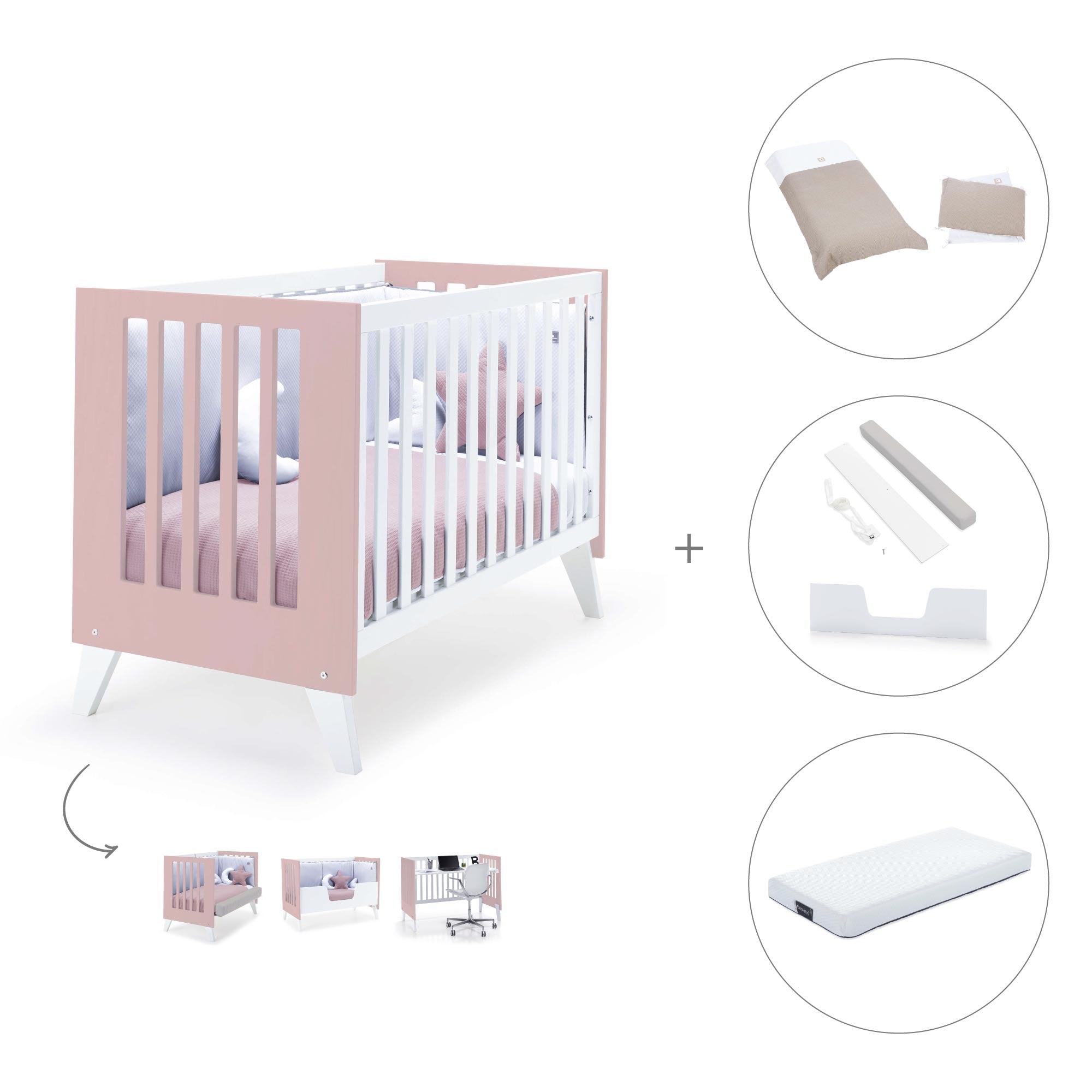 Cuna de colecho 60x120 cm (4en1) rosa pastel · Nexo Due Flamingo C187D-M7742