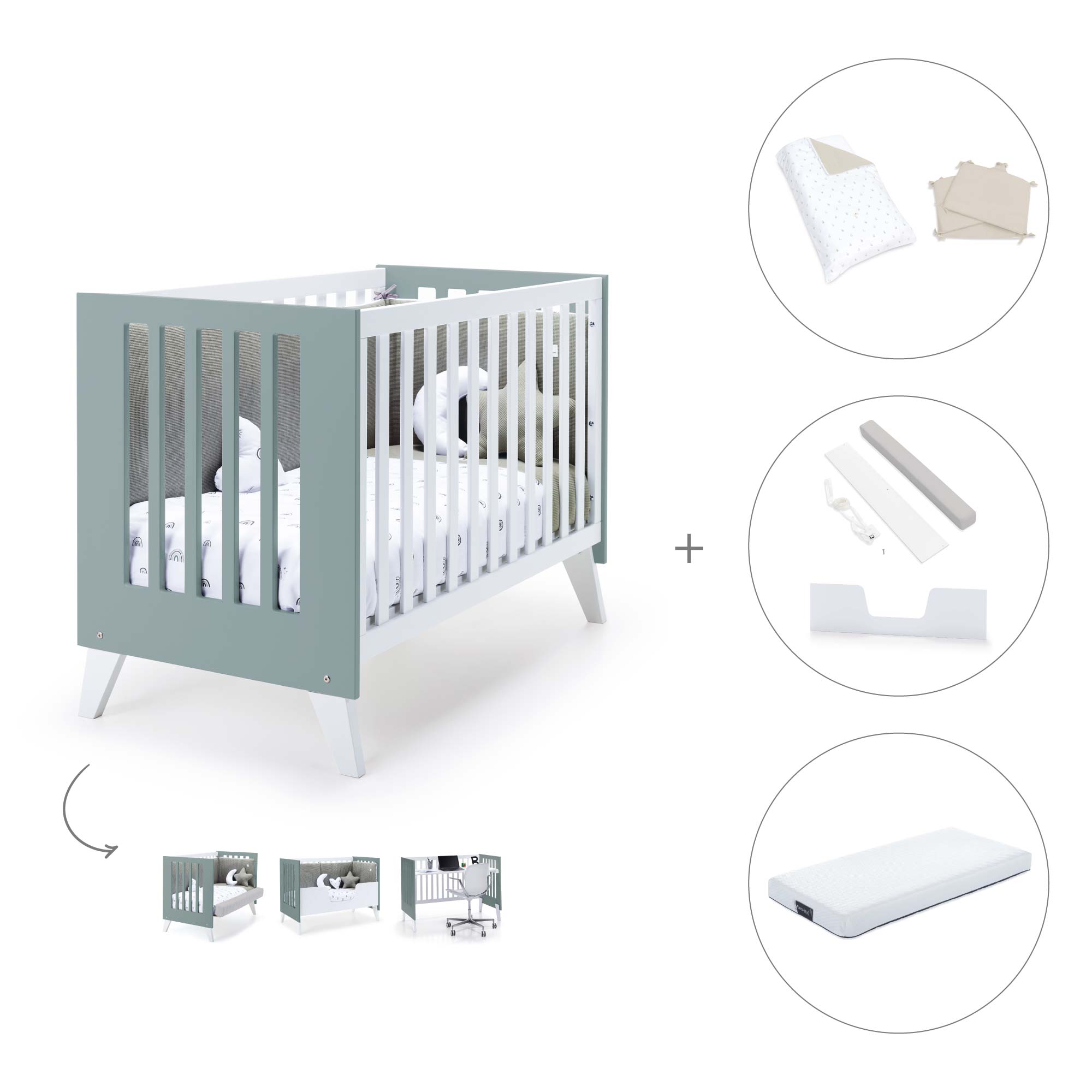 Cuna colecho 60x120 cm (4en1) blanco/verde eucalipto · Nexo Due Eucalyptus C187D-M7757