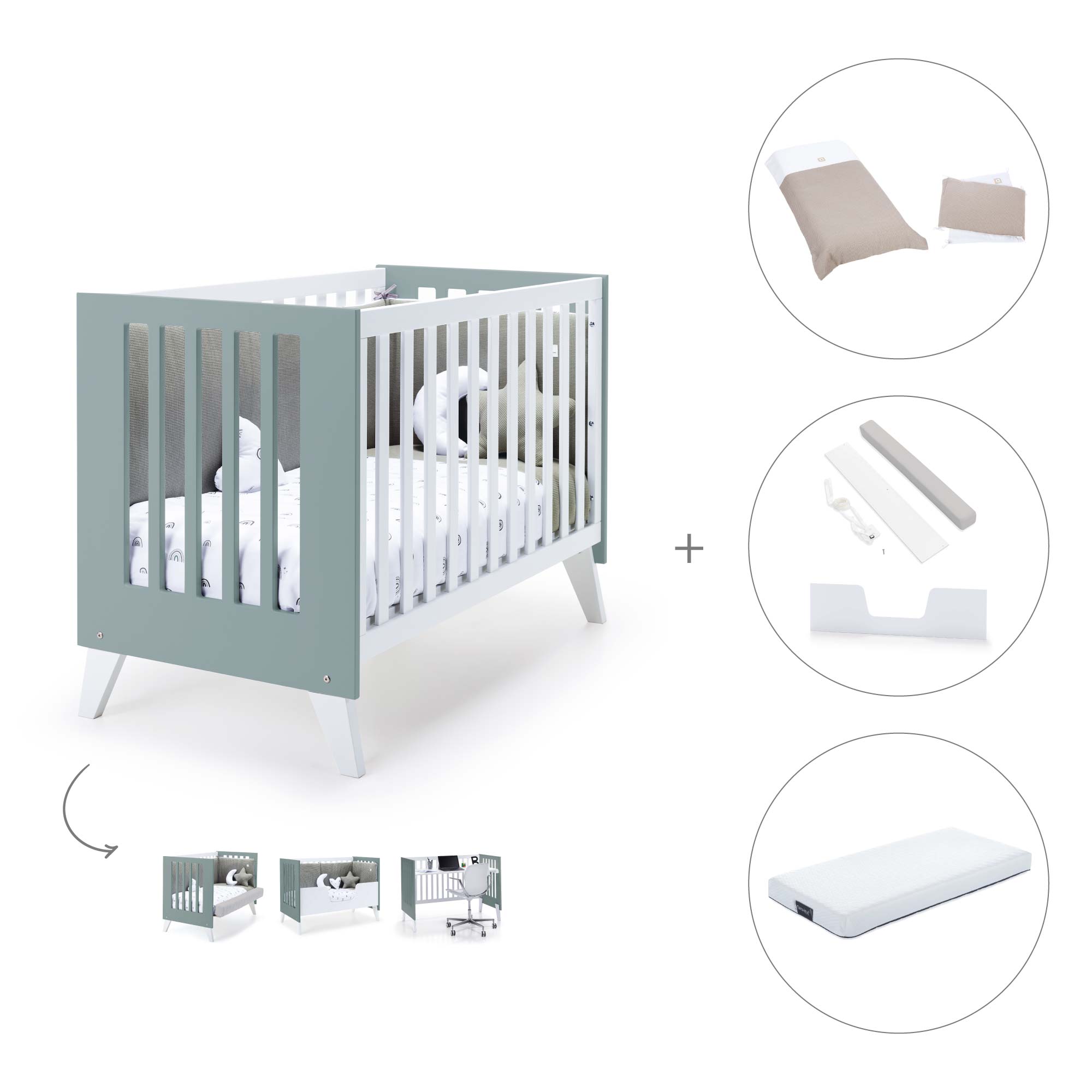 Cuna colecho 60x120 cm (4en1) blanco/verde eucalipto · Nexo Due Eucalyptus C187D-M7757