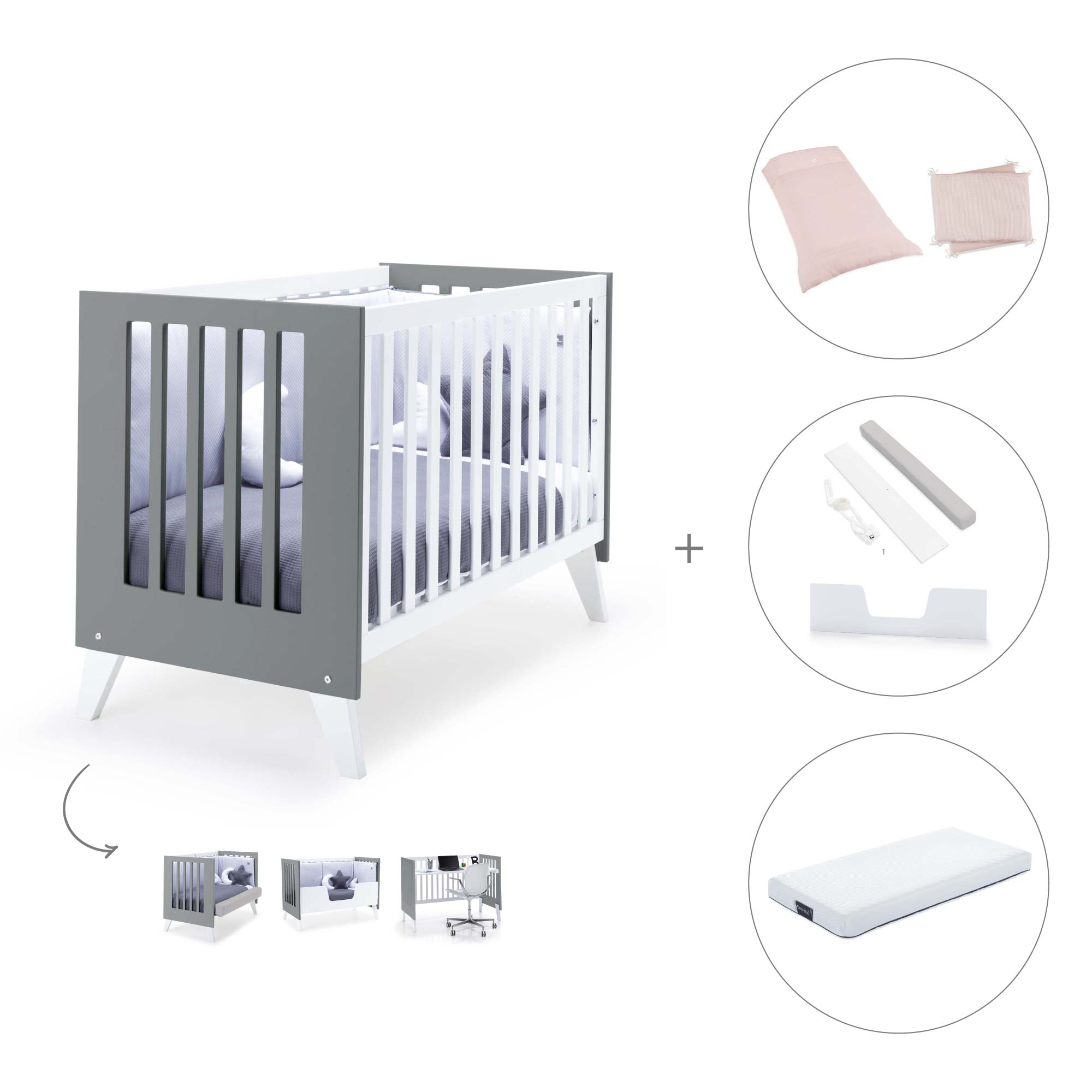 Cuna colecho 60x120 cm (4en1) blanco/antracita · Nexo Due Antracita C187D-M7758