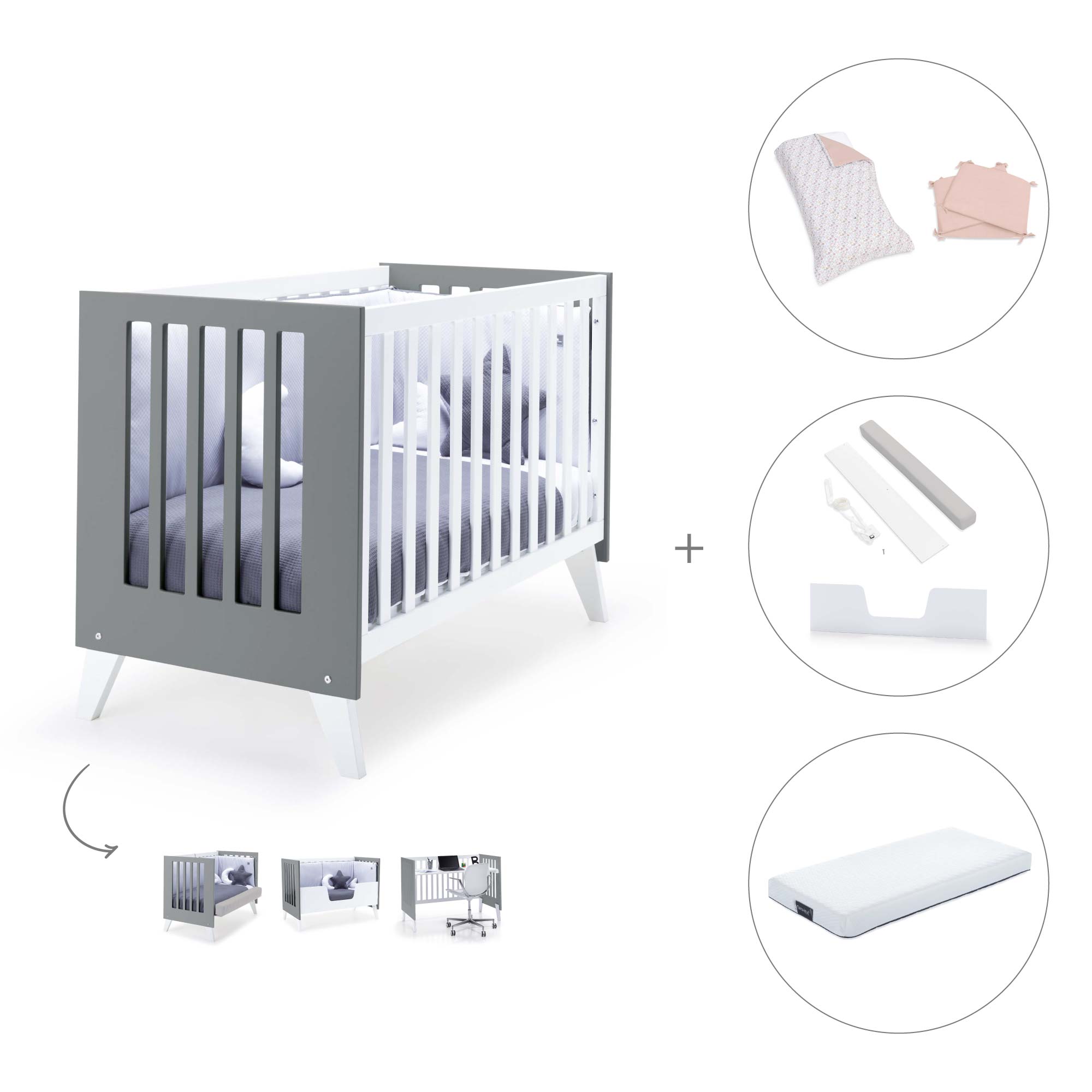 Cuna colecho 60x120 cm (4en1) blanco/antracita · Nexo Due Antracita C187D-M7758