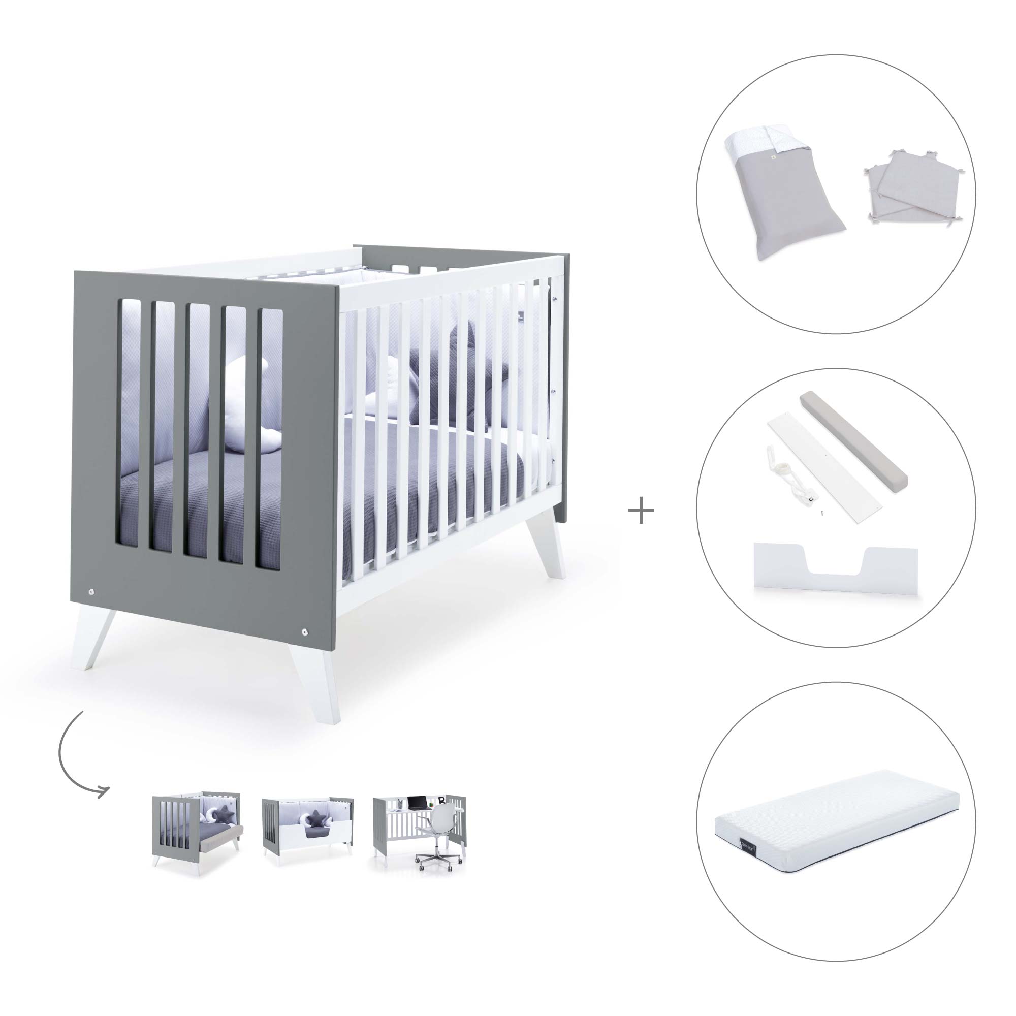 Cuna colecho 60x120 cm (4en1) blanco/antracita · Nexo Due Antracita C187D-M7758