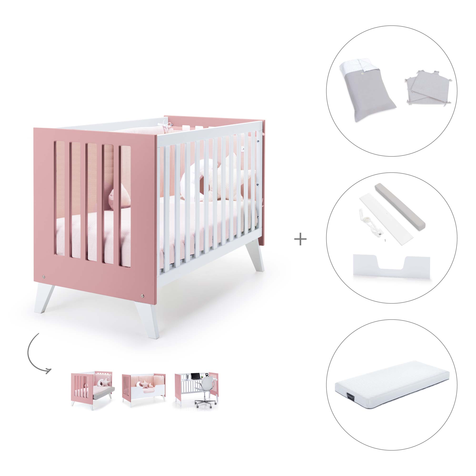 Cuna de colecho 60x120 cm (4en1) rosa · Nexo Due Quarzo C187D-M7759